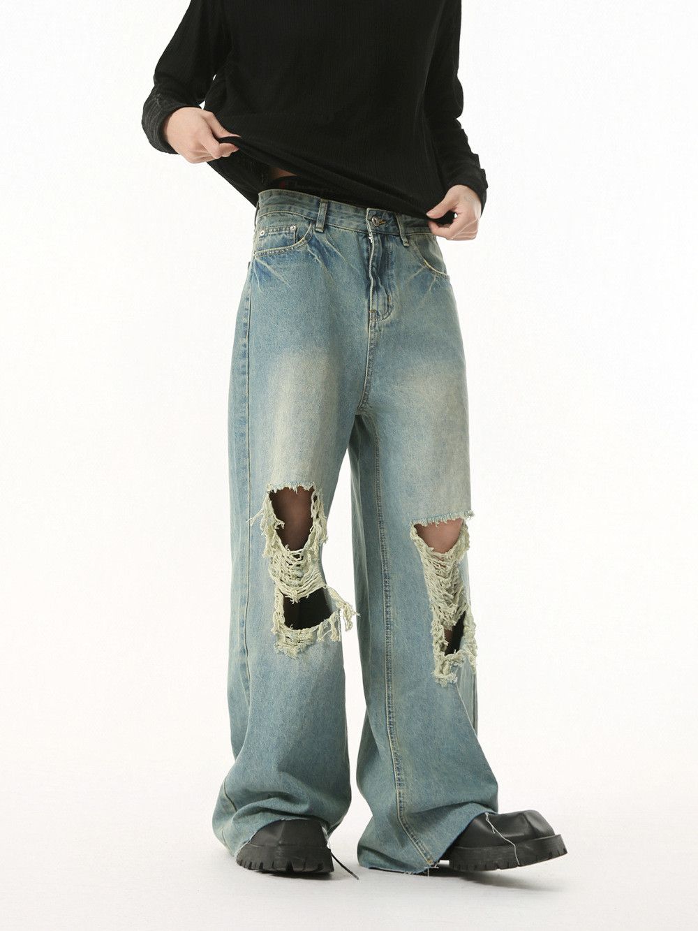 Vintage Men's American Retro Punk Distressed Ripped Straight Jeans Size US 32 / EU 48 - 3 Thumbnail