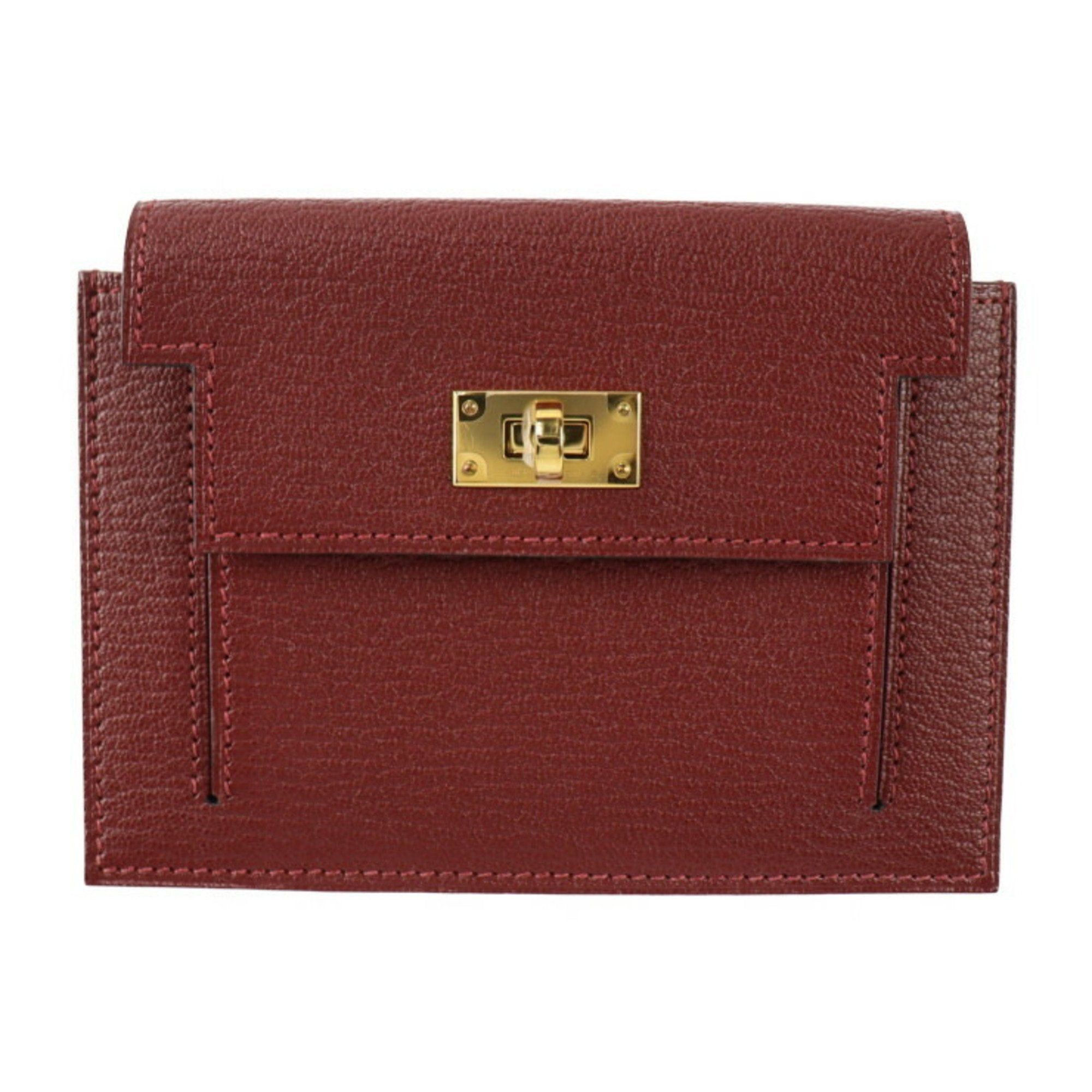 image of Hermes Kelly Pocket Compact Coin Case Chevre Rouge Ash Gold Hardware Turnlock Purse Y Engraved, Wom