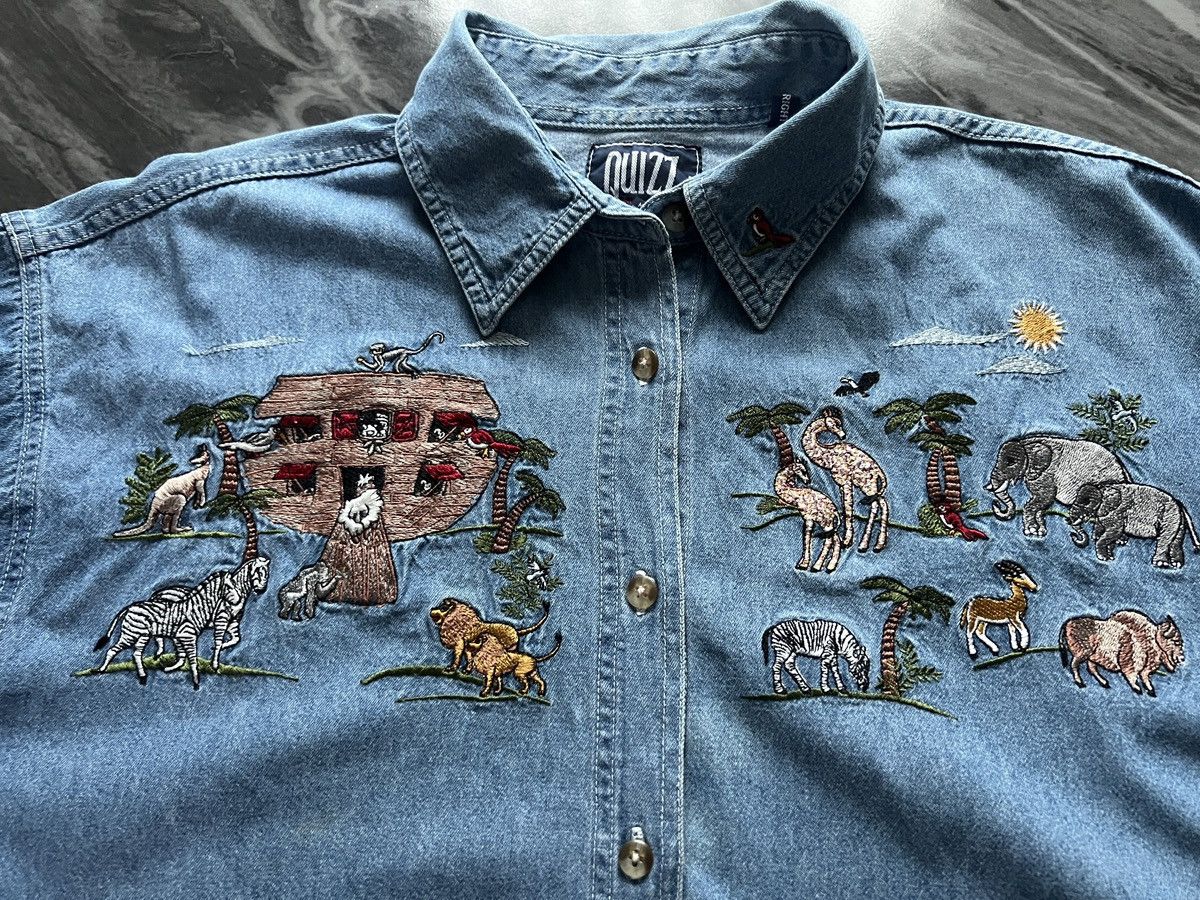Vintage Quizz Newyork : Embroidered Animal Zoo Denim Shirt Size XXL / US 16-18 / IT 52-54 - 6 Thumbnail