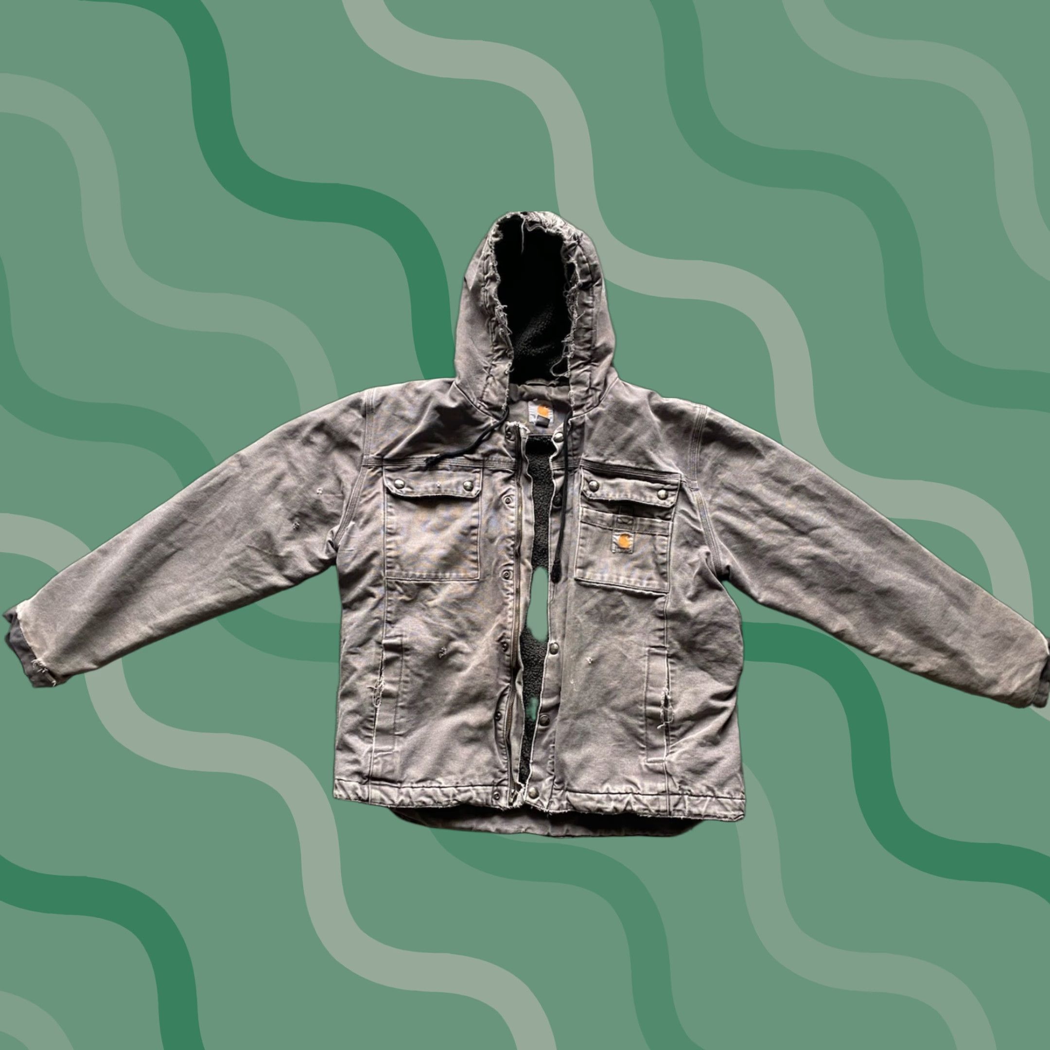 Carhartt VINTAGE Carhartt Hooded Jacket Coat Gray Mens M Zipper Snaps Damaged Sherpa Lined Size US M / EU 48-50 / 2 - 1 Thumbnail