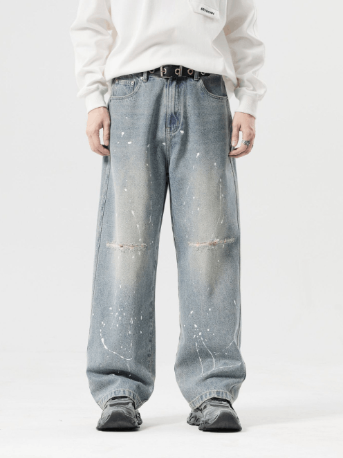 Japanese Brand Vintage distressed ink-splashed straight ripped jeans Size US 32 / EU 48 - 1 Thumbnail
