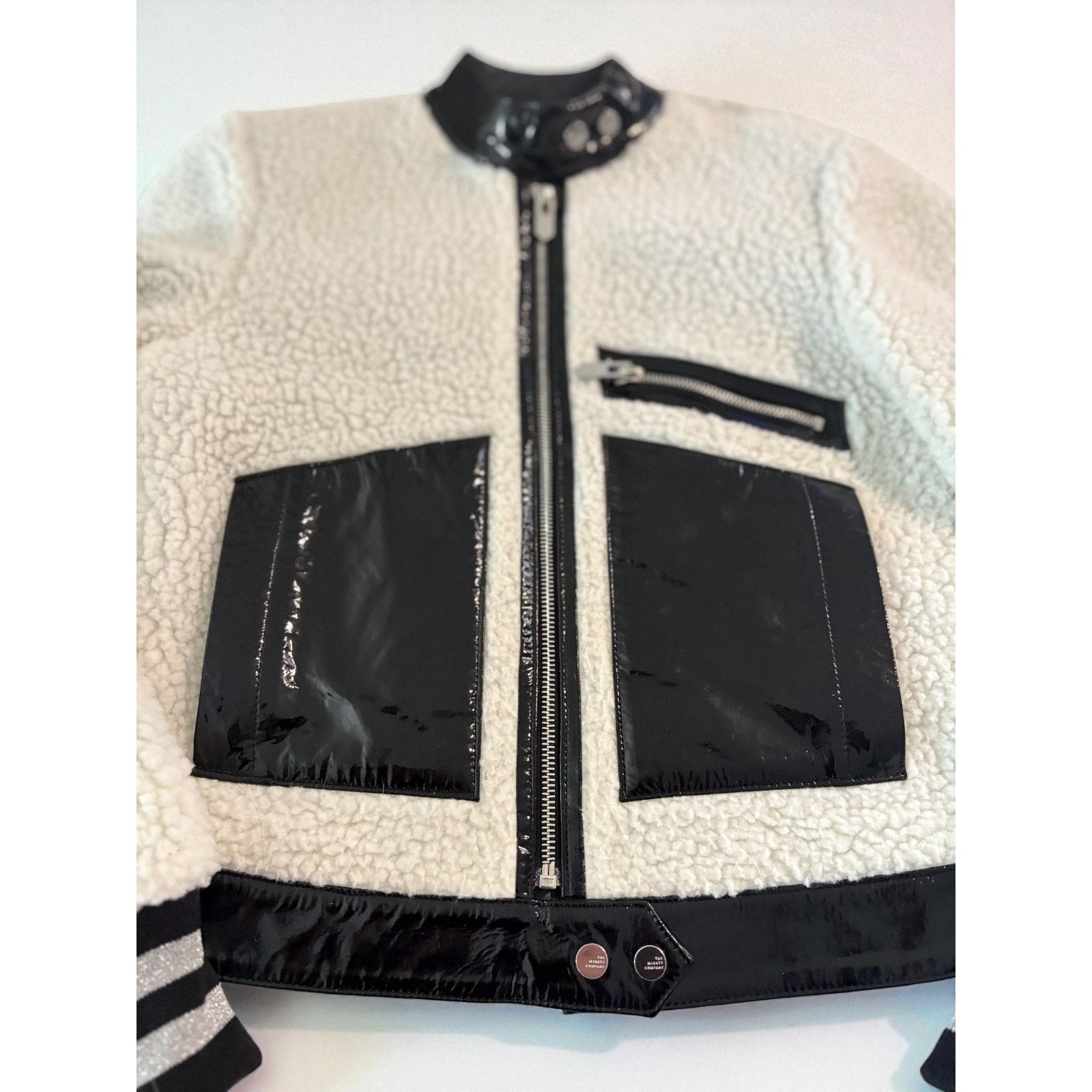 Other Handmade Black & White Shearling Moto Jacket Patent Leather Size XS / US 0-2 / IT 36-38 - 5 Thumbnail