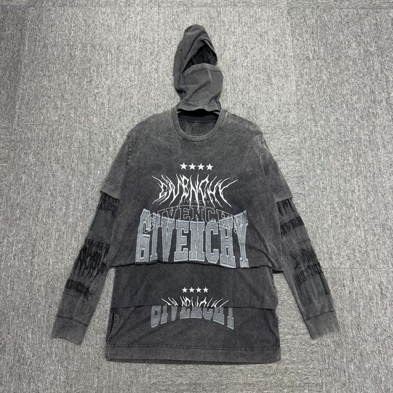 Givenchy Washed Distressed Triple-layer Patch Hooded Shirt