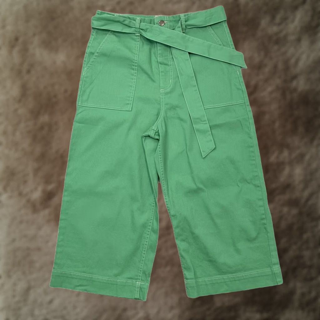 Vintage GB Junior Pants 11 Green Cropped Wide-Leg Belted Twill Pockets Stretch Casual Men/Women? Size 32" / US 10 / IT 46 - 1 Thumbnail