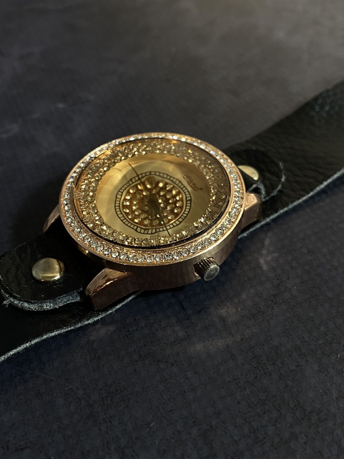 Vintage Disco Gold-Tone Rhinestone Watch with Leather Strap Size ONE SIZE - 7 Thumbnail