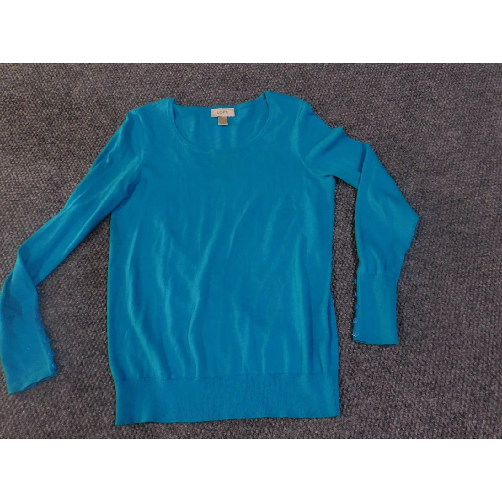 Loft LOFT Sweater Womens Small Blue Scoop Neck Pullover 100% Cotton Button Cuff Knit Size S / US 4 / IT 40 - 3 Thumbnail