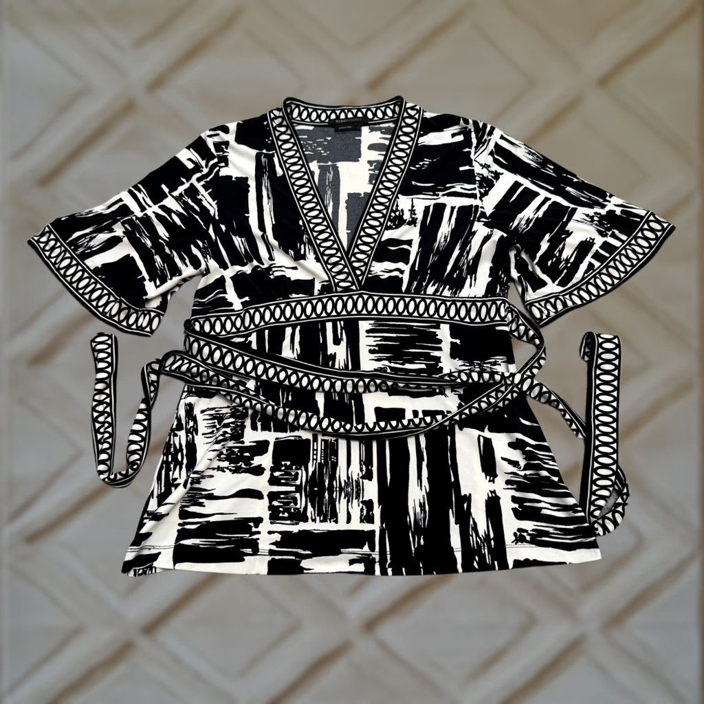Bcbgmaxazria BCBMaxazria Kimono Tunic Wrap Top Womens XL Multicolor Abstract Blouse Belted 3/4 Sleeve V-Neck Casual Shine Size XL / US 12-14 / IT 48-50 - 1 Thumbnail