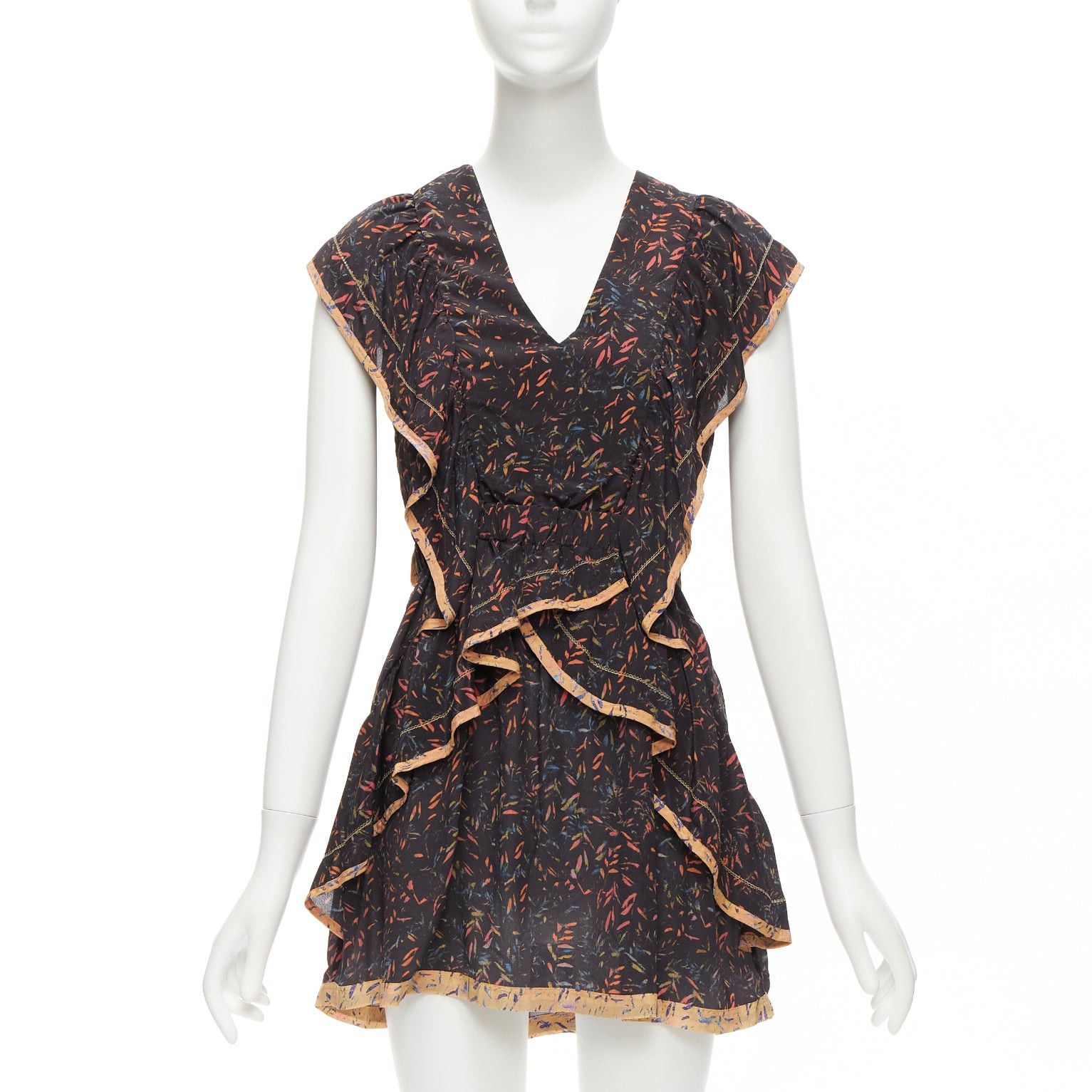 Iro IRO 2018 Jicka 100% silk black coral orange floral ruffle short dress FR34 XS Size XS / US 0-2 / IT 36-38 - 1 Thumbnail
