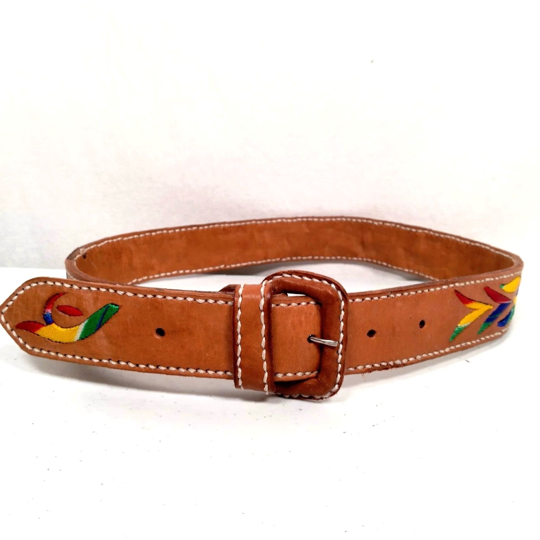 Vintage VINTAGE Belt Size 30 Leather Brown Embroidered 1 3/8" Adjustable Women Bohemian Tribal Artsy Ethnic Hippie Size ONE SIZE - 3 Thumbnail