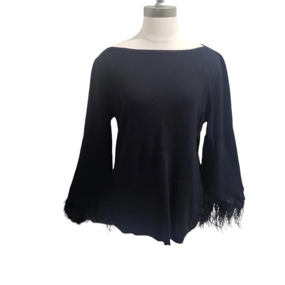 Ann Taylor CT1968 Ann Taylor Feathered Sleeve Black Sweater L Size L / US 10 / IT 46 - 1 Thumbnail