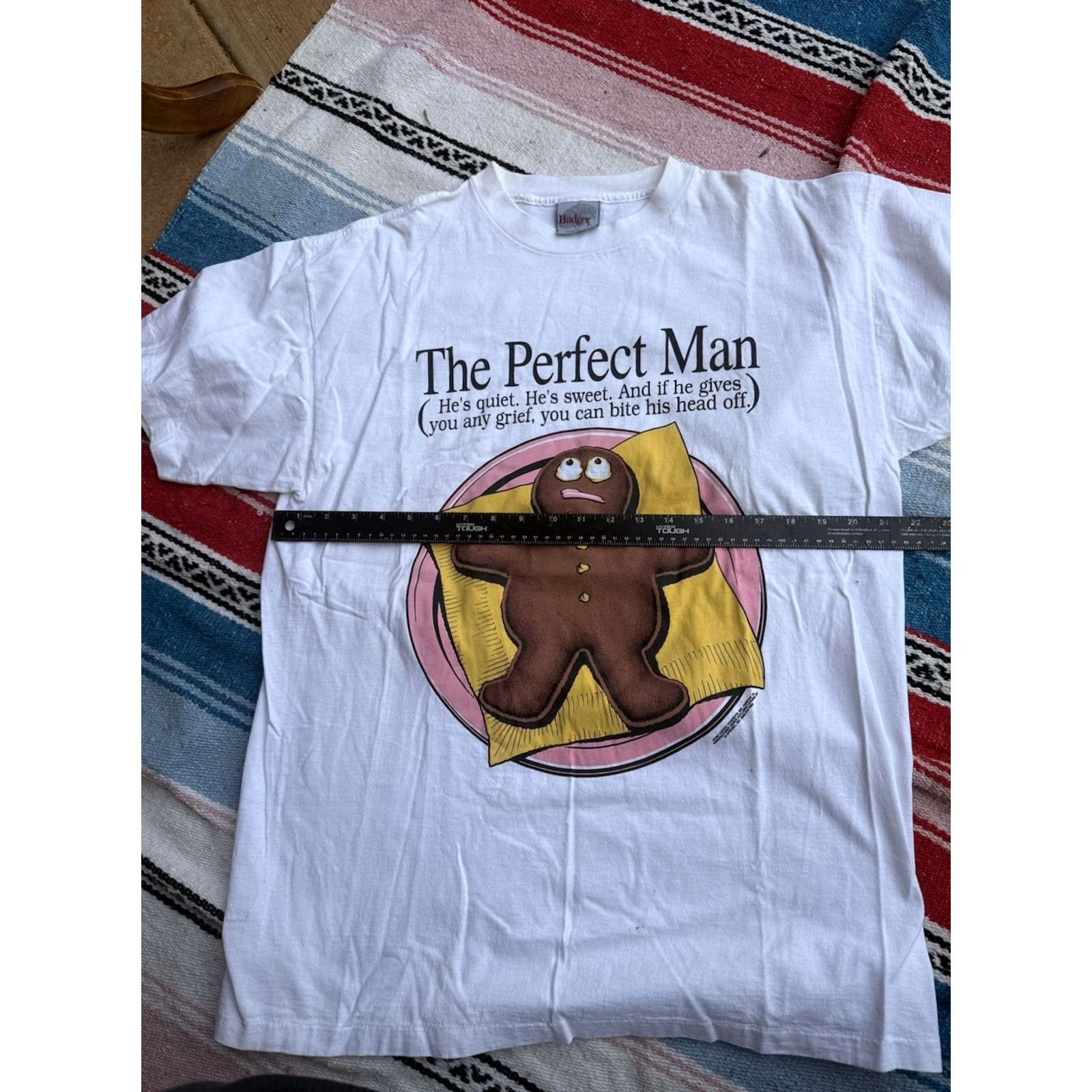 Vintage VINTAGE 1990s Gingerbread Man "The Perfect Man" Funny Humor Tee XL USA Badger Shirt Unisex White Graphic Tee 1990s Badger Sportswear Size US XL / EU 56 / 4 - 4 Thumbnail