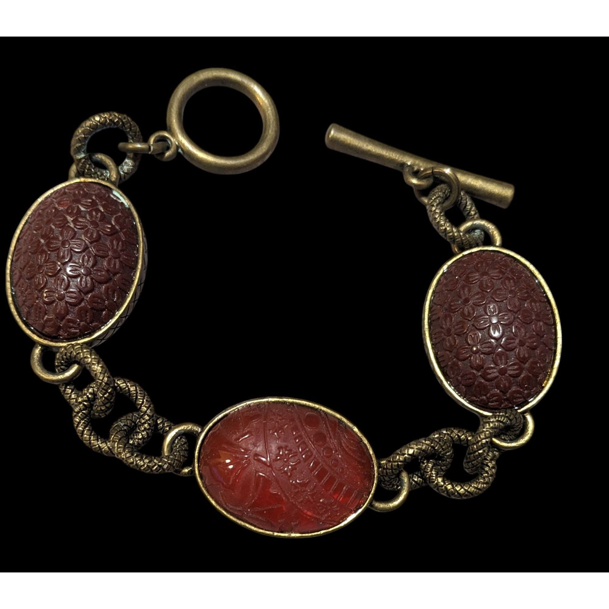 Other Vintage Antiqued Gold Tone Floral Etched Cabochon Bracelet Size ONE SIZE - 1 Thumbnail
