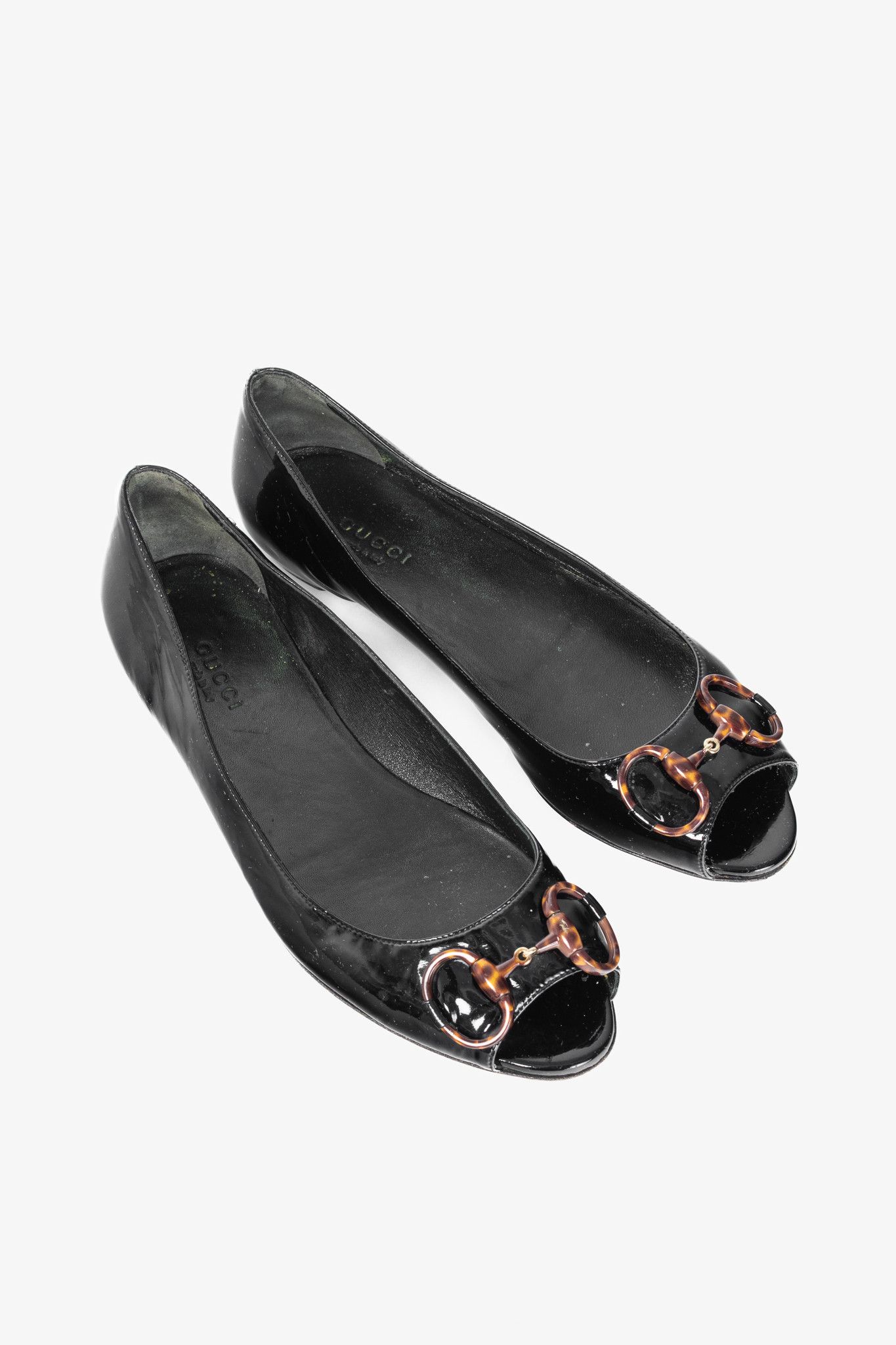 Gucci Gucci Black Patent-Leather Tortoise-Horsebit Peep-Toe Flats Size US 6.5 / IT 36.5 - 1 Thumbnail