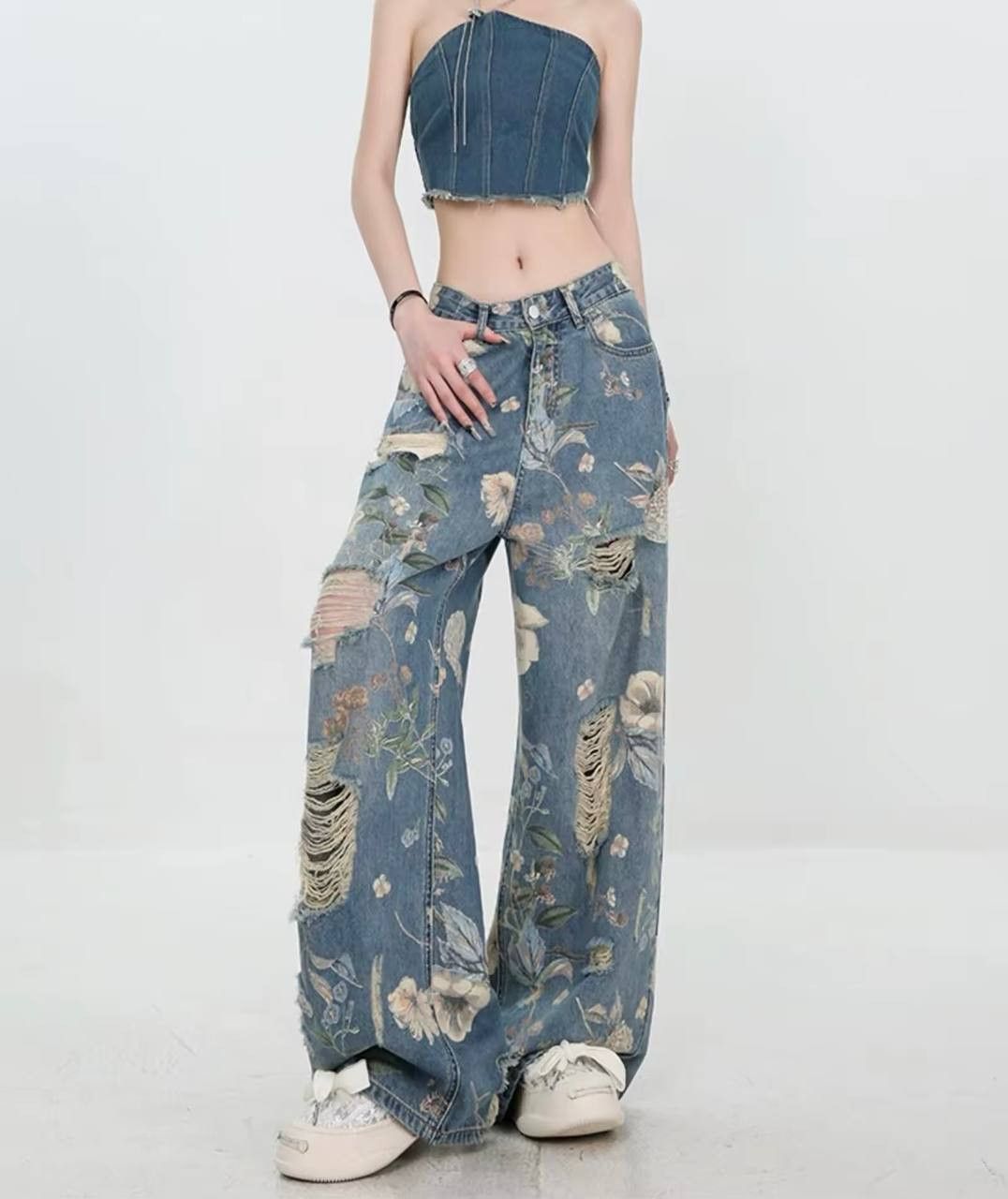 Japanese Brand × Vintage ripped wide leg pants with a design Size 26" / US 2 / IT 38 - 9 Thumbnail
