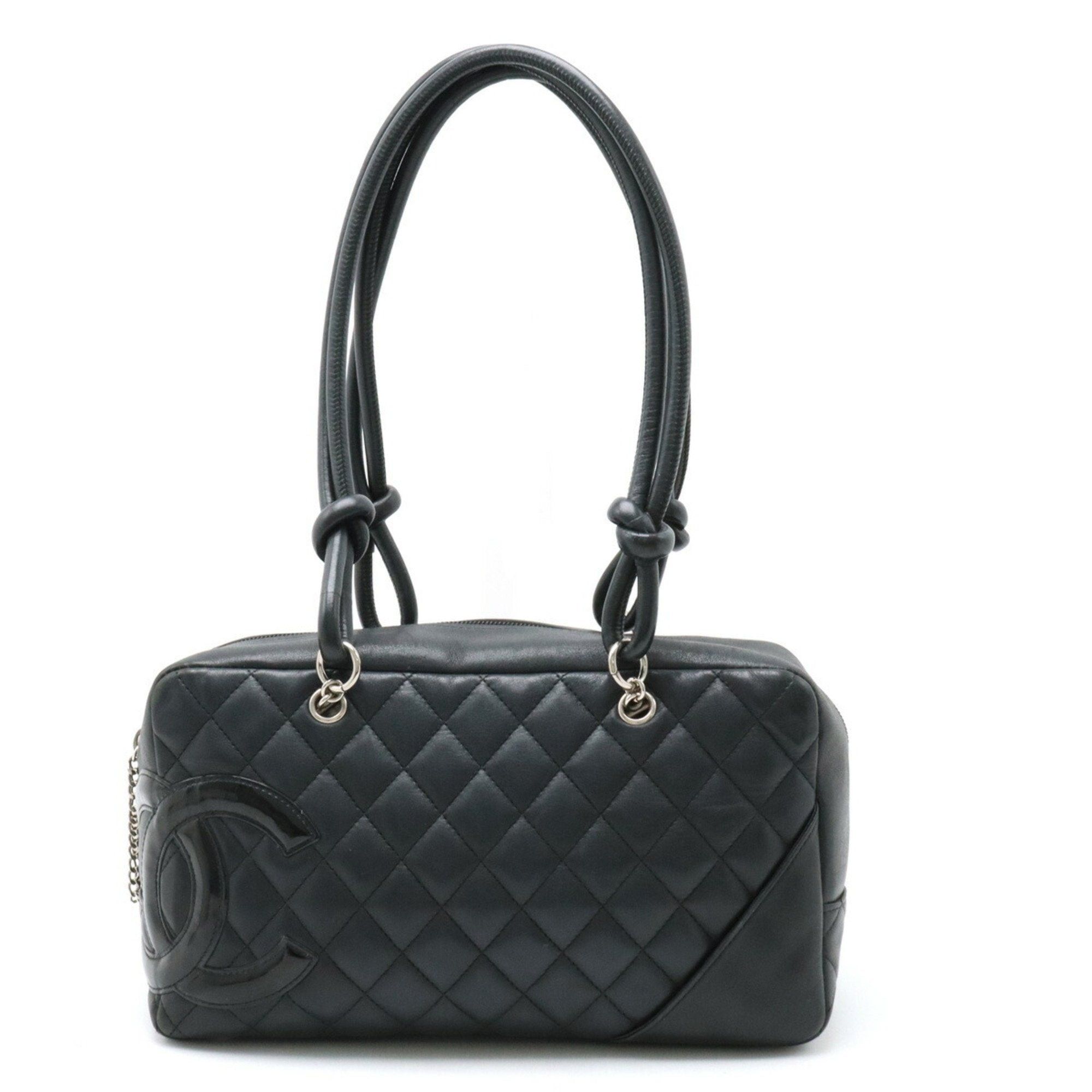 image of Chanel Cambon Line Bag Bowling Shoulder Leather Enamel Black A25171, Women's