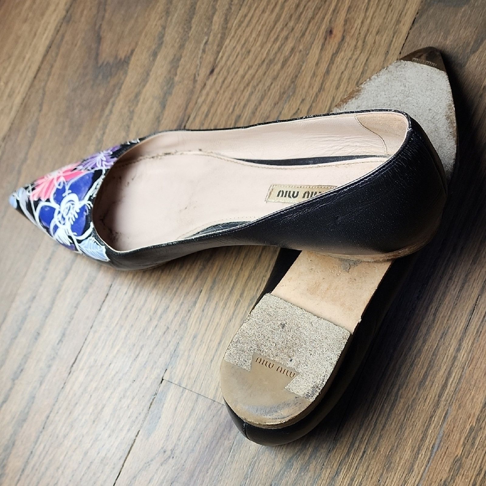 Miu Miu Miu Miu Black and Purple Floral Pointed Flats Size US 8.5 / IT 38.5 - 5 Thumbnail