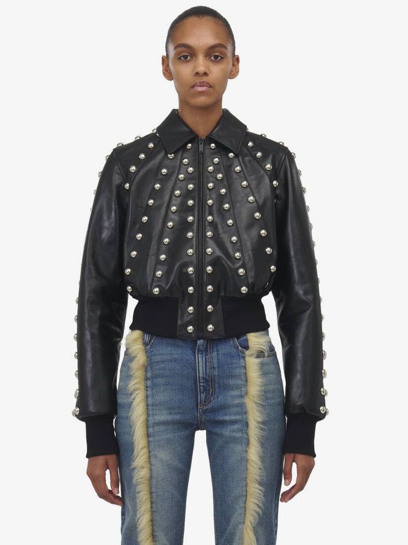 Alexander McQueen o1srvl11e0326 Studded Leather Bomber Jacket in Black Size S / US 4 / IT 40 - 2 Thumbnail
