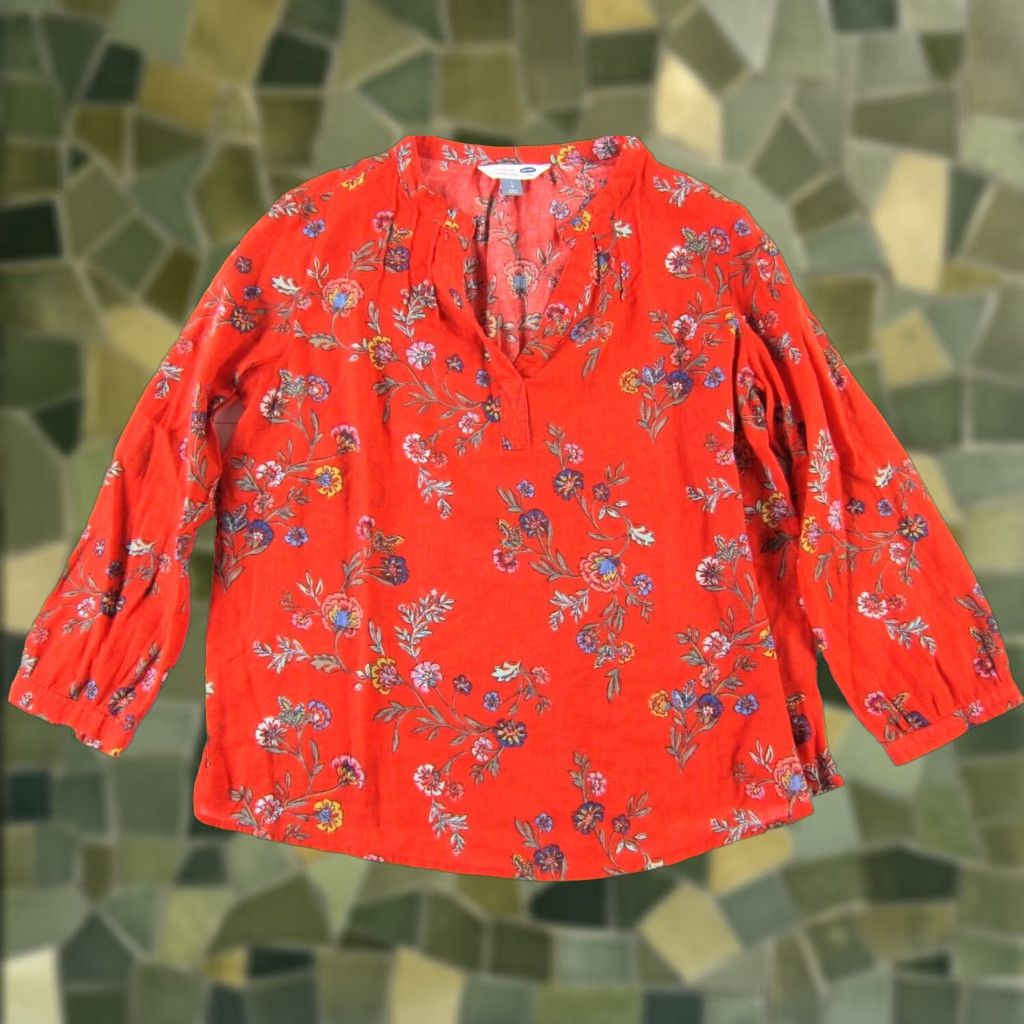 Old Navy Floral Tunic Shirt Blouse L Women's V-Neck Long Sleeve Linen Red Blue Green Yellow (Size Large)