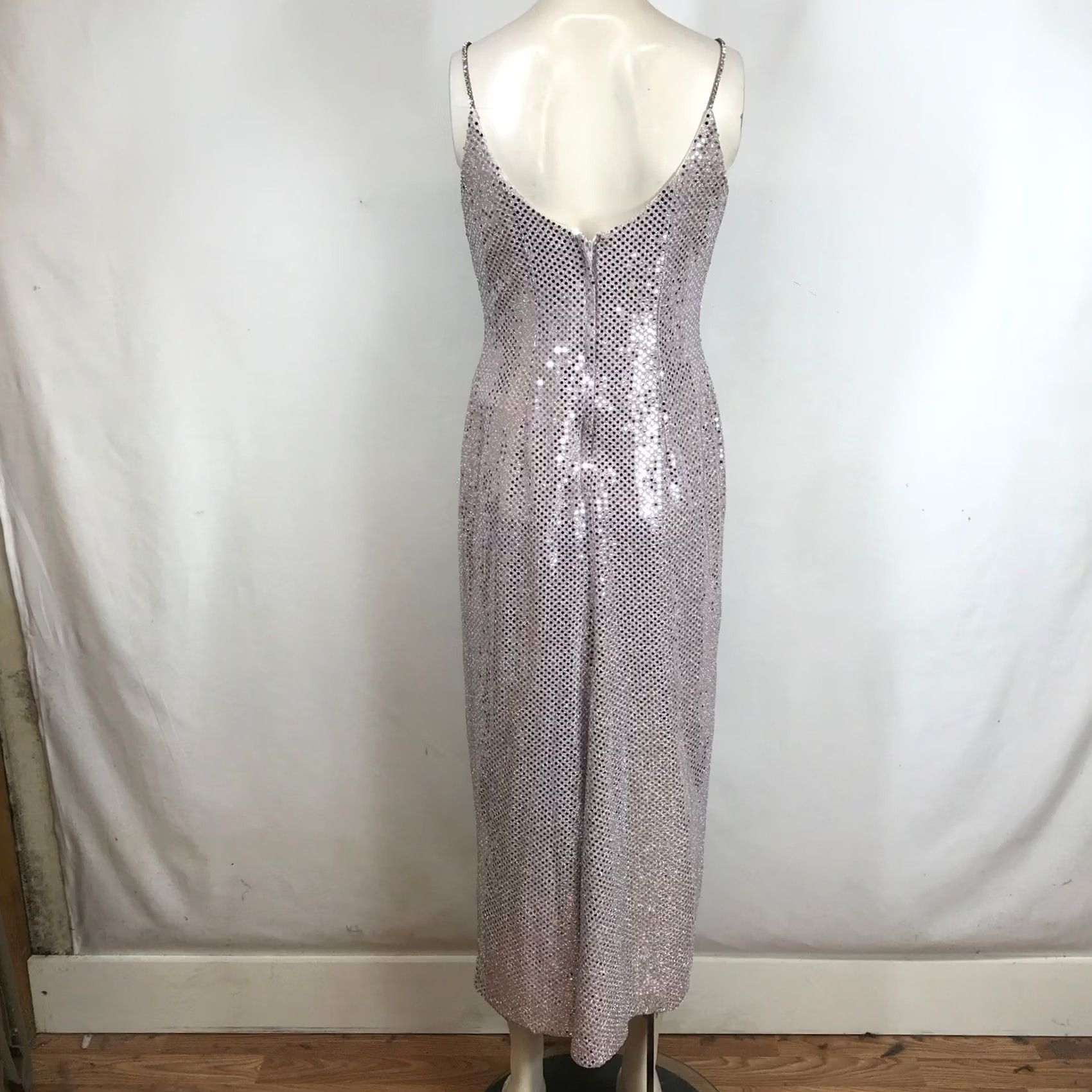 Vintage VINTAGE Scott McClintock Sequin Maxi Dress Rhinestone Straps Sz 6P Petite Silver Eveningwear 1990s Womens Size M / US 6-8 / IT 42-44 - 6 Thumbnail