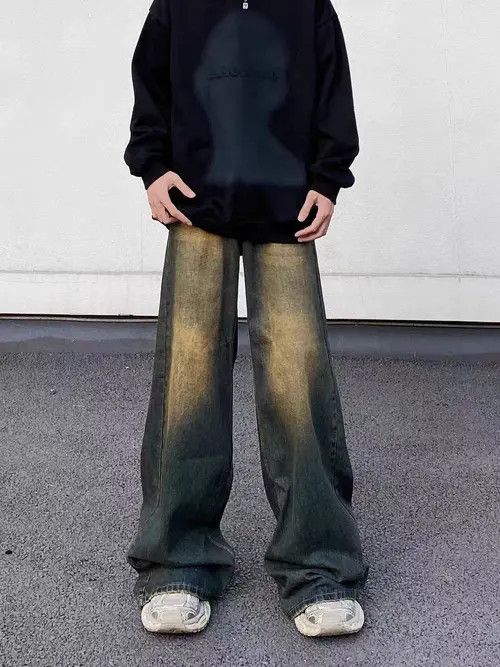 Retro distressed gradient grunge wide leg jeans