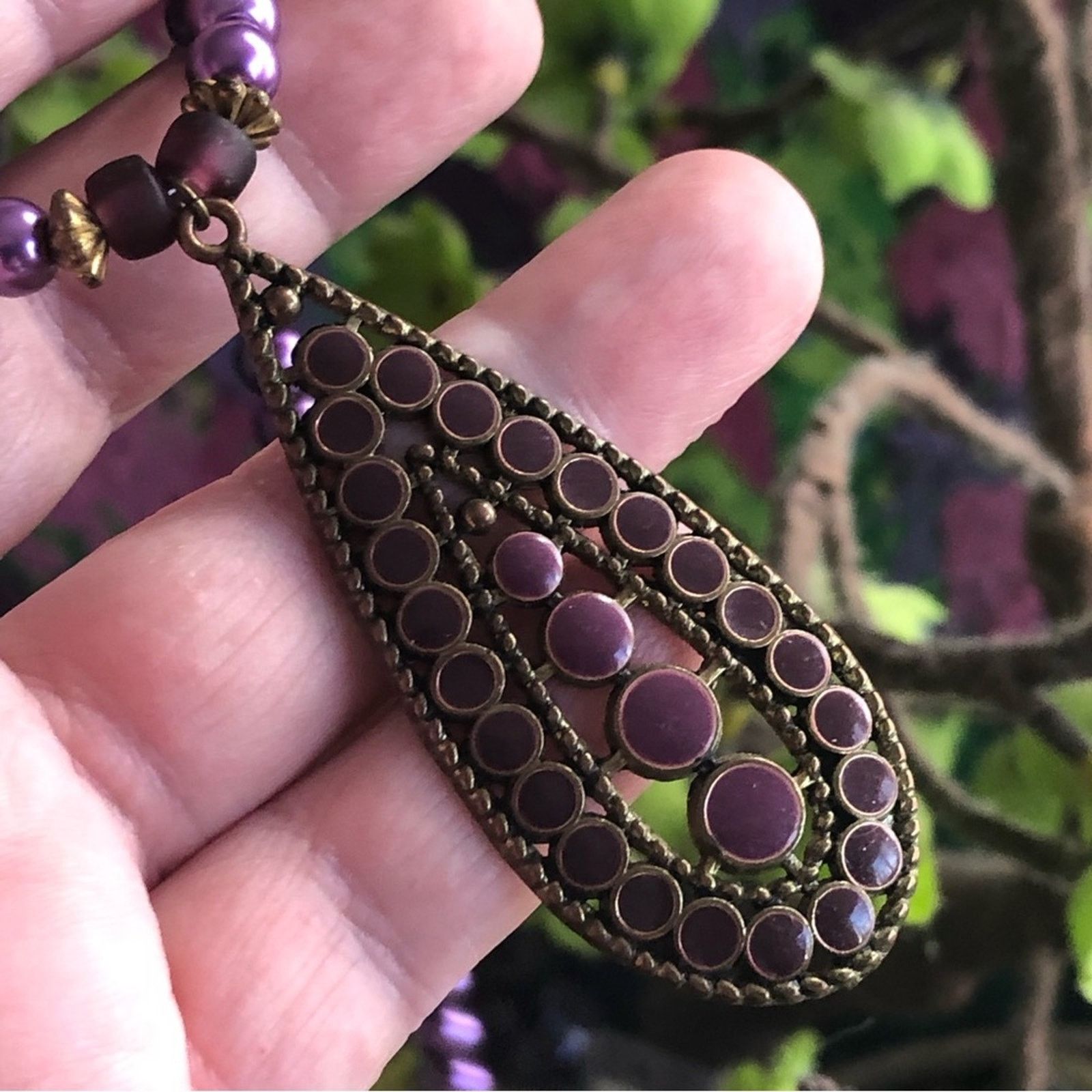 Handmade Handcrafted repurpose purple enamel raindrop Pearl necklace Size ONE SIZE - 2 Thumbnail