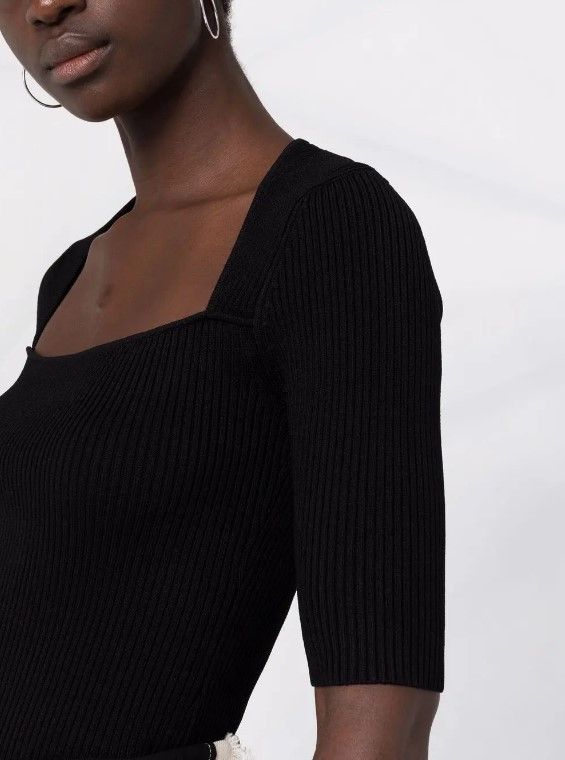 Ganni GANNI square-neck ballerina ribbed knit top in black. Size L Size L / US 10 / IT 46 - 2 Thumbnail