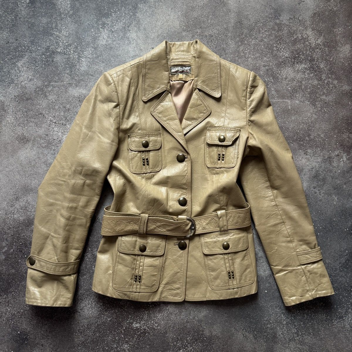 Japanese Style Vintage Beige Leather Belted Jacket