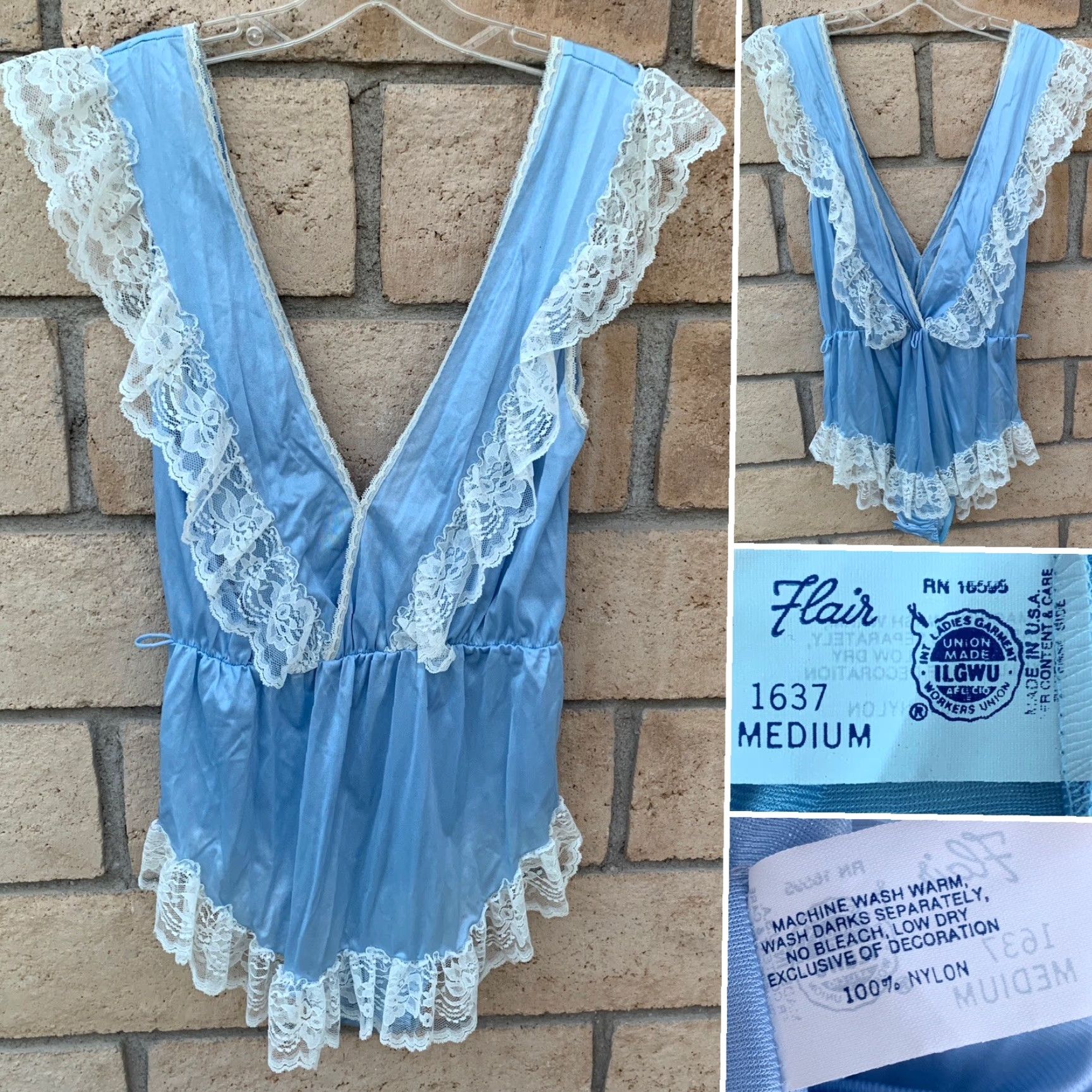 Vintage VINTAGE Flair Nylon Teddy One Piece Playsuit Romper Lace Ruffle Union Made Sz M Blue 1980s Glam Rock Flair Mens Womens Girls Boys Size 32" / US 10 / IT 46 - 2 Thumbnail