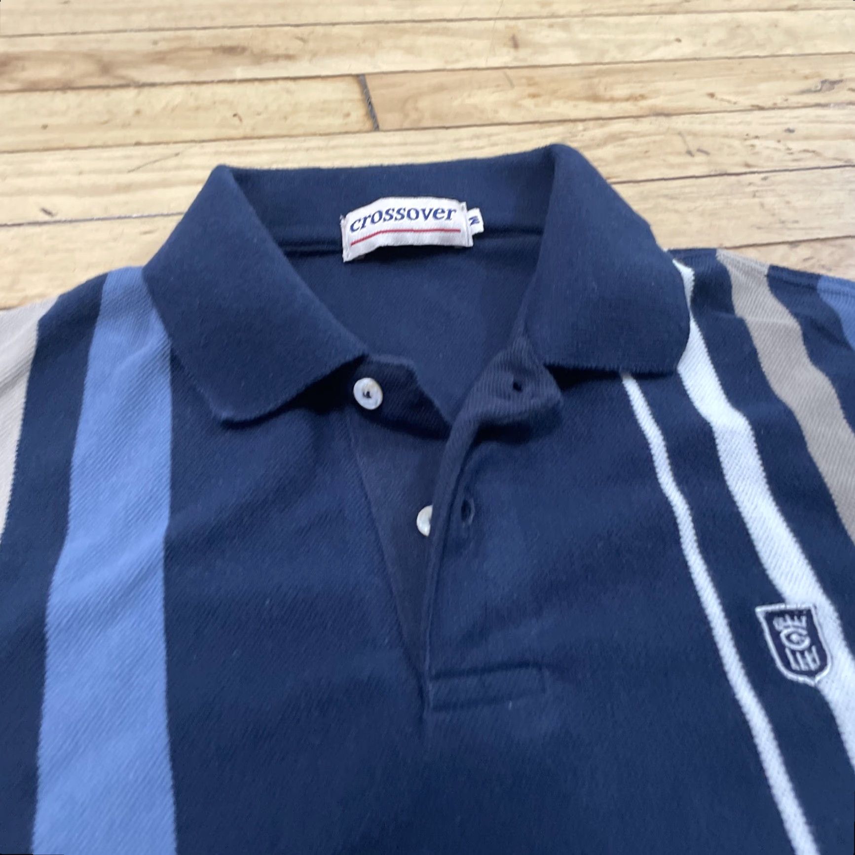 Vintage vtg CROSSOVER Knit Polo Shirt Men M Blue Tan Vertical Stripe Retro 60s 70s Sport Size US M / EU 48-50 / 2 - 4 Thumbnail