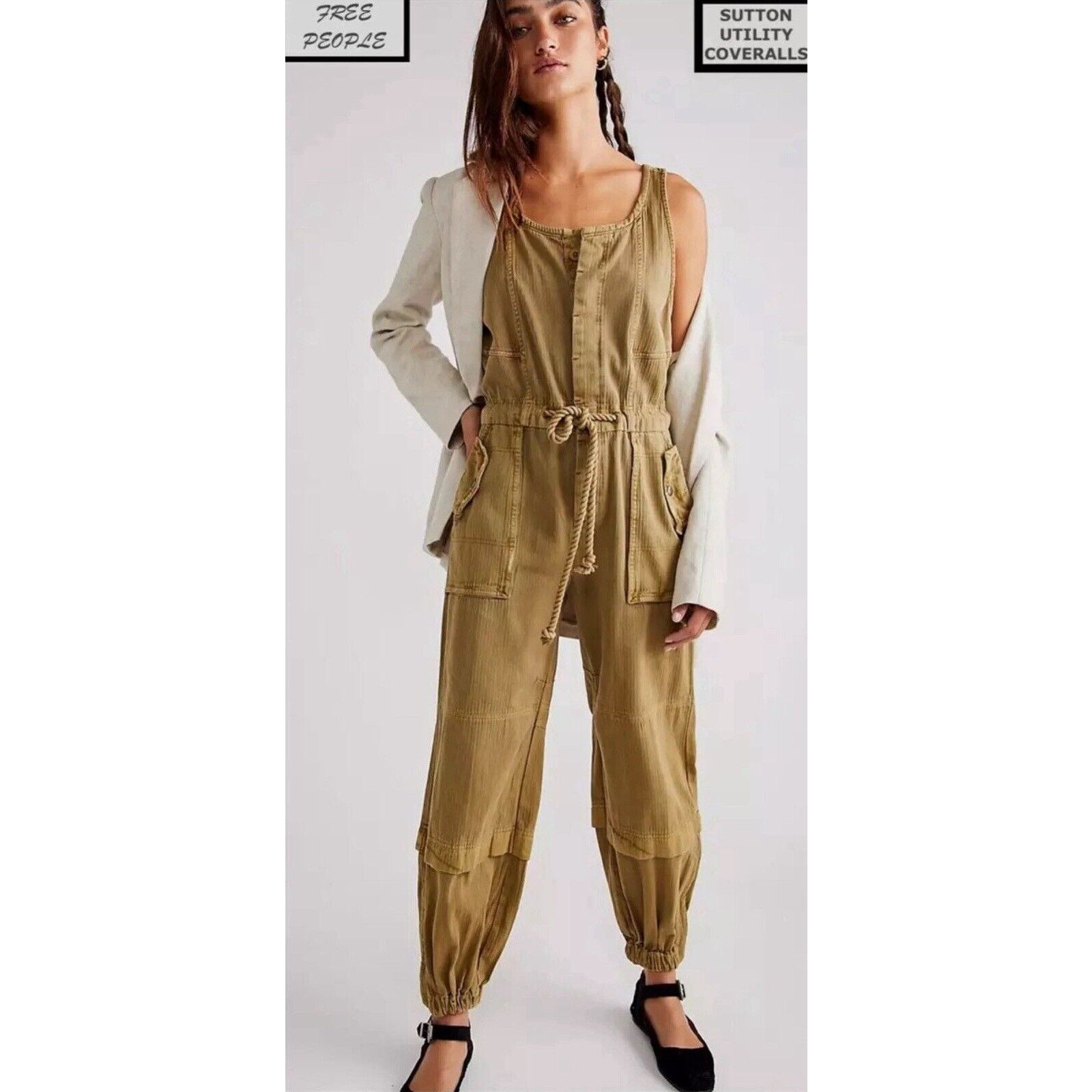 Free People FREE PEOPLE Sutton Coverall TAUPE Twill-Herringbone Pattern Size 26" / US 2 / IT 38 - 1 Thumbnail