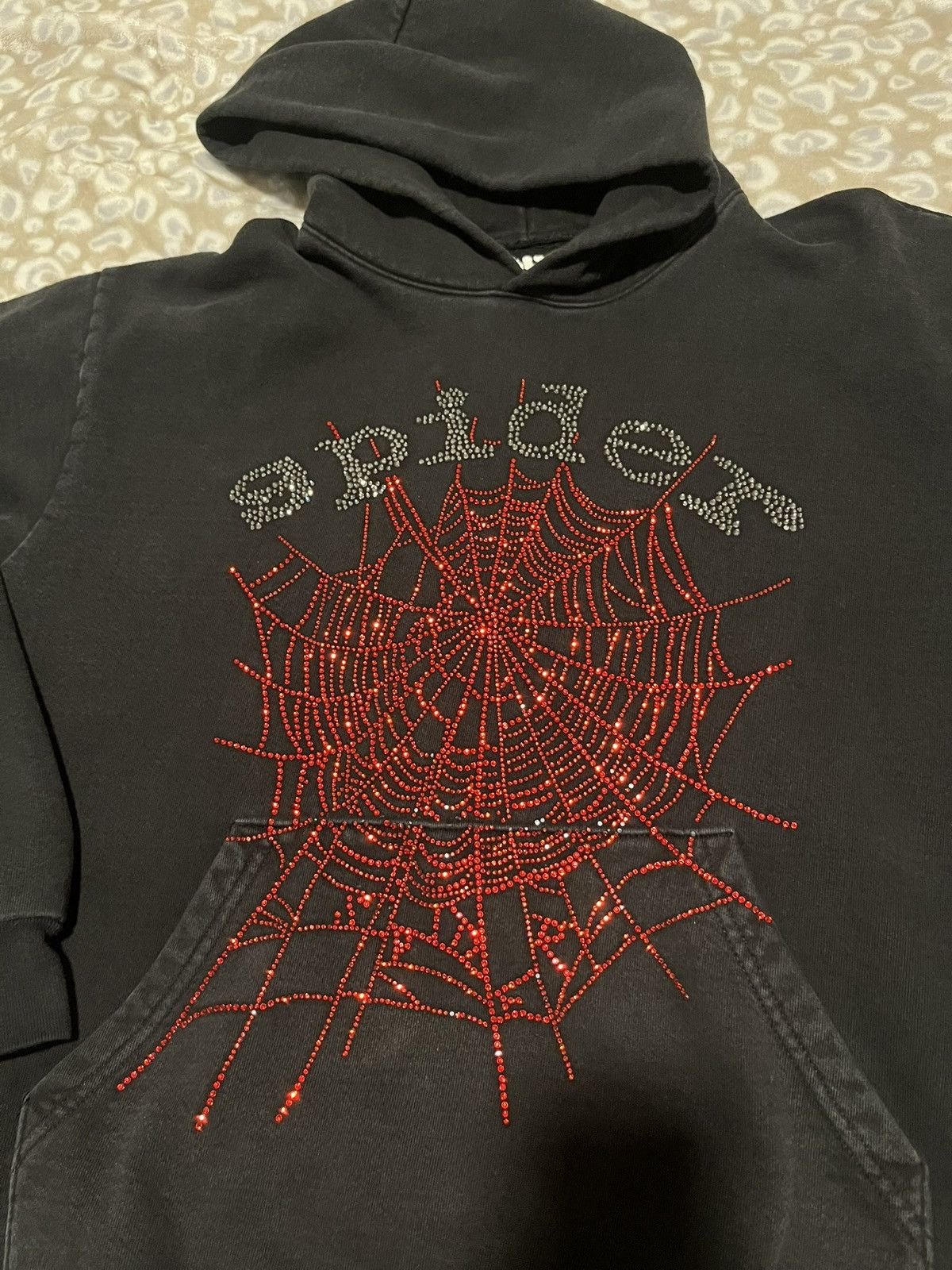 Sp5der Sp5der OG Rhinestone Logo Hoodie Black | Grailed