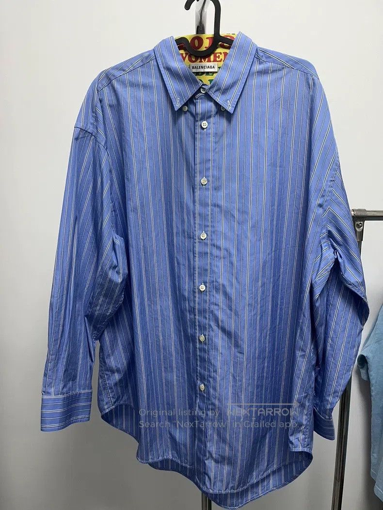 Balenciaga Balenciaga Blue Structural Slogan Logo Striped Shirt Size XS / US 0-2 / IT 36-38 - 1 Thumbnail