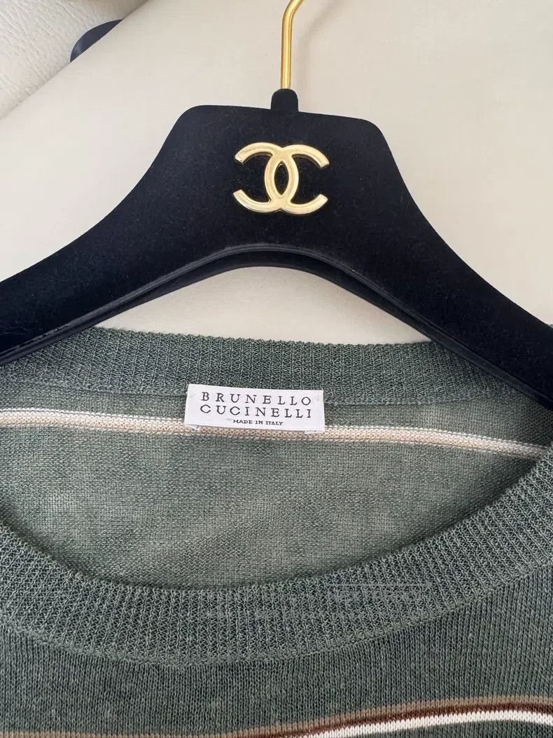 Brunello Cucinelli Brunello Cucinelli Moss Green Striped Knit Top Size L / US 10 / IT 46 - 4 Thumbnail