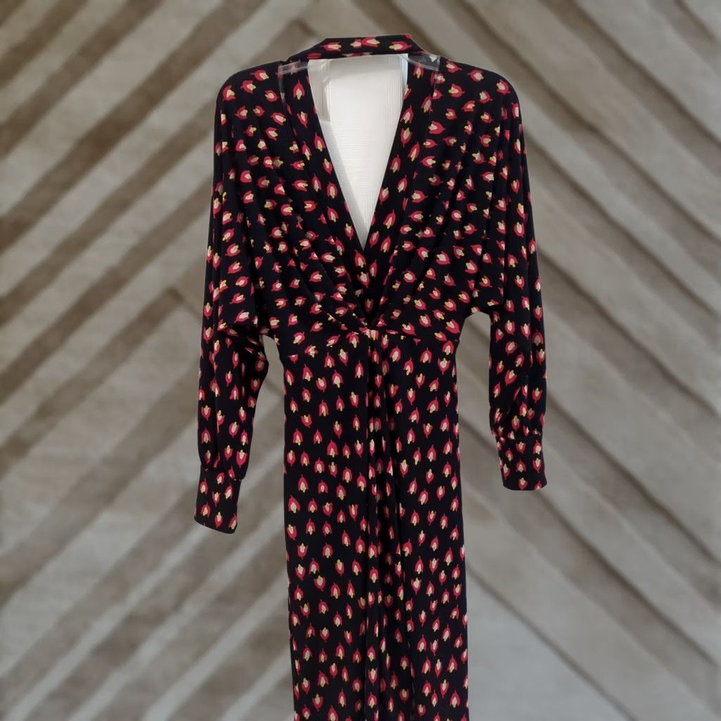 Vintage Moda International Open Back Black Pattern Dress S Floral V-Neck Tie Waist Balloon Sleeve Knee Length Party/Cocktail Womens Size S / US 4 / IT 40 - 1 Thumbnail