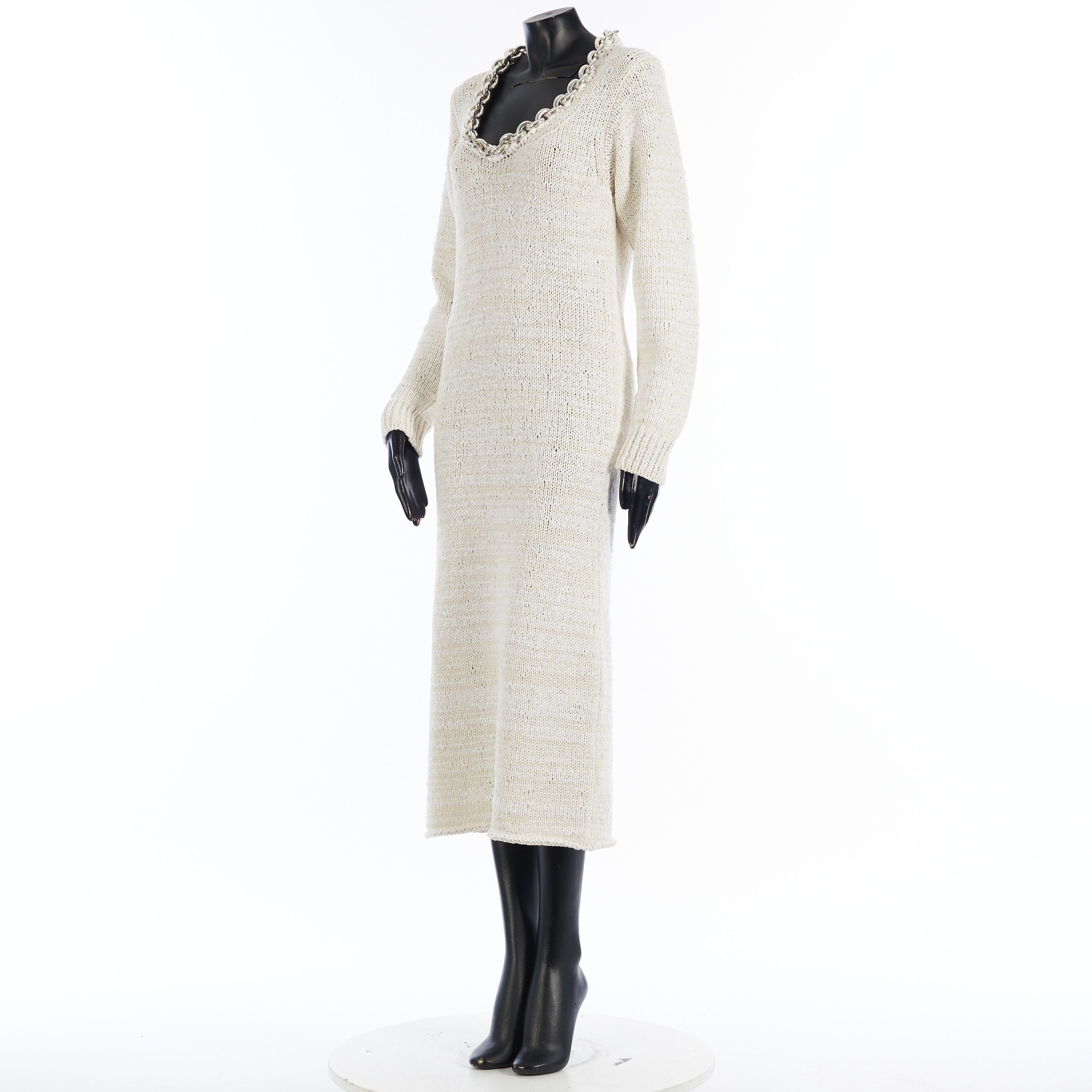 Bottega Veneta Textured Cotton Knit Dress With Chunky Chain In Chalk White Size S / US 4 / IT 40 - 2 Thumbnail