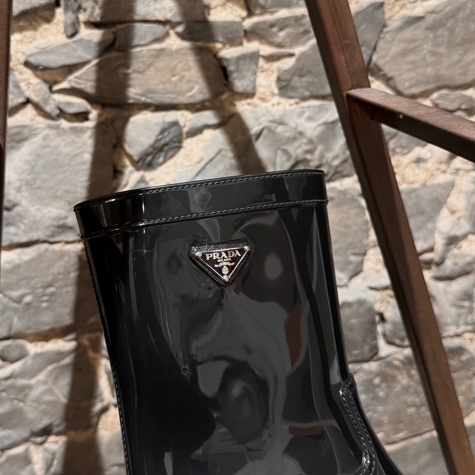 Prada Prada Black Enamel Triangle Mid-Calf Rain Boots Size US 8 / IT 38 - 14 Thumbnail