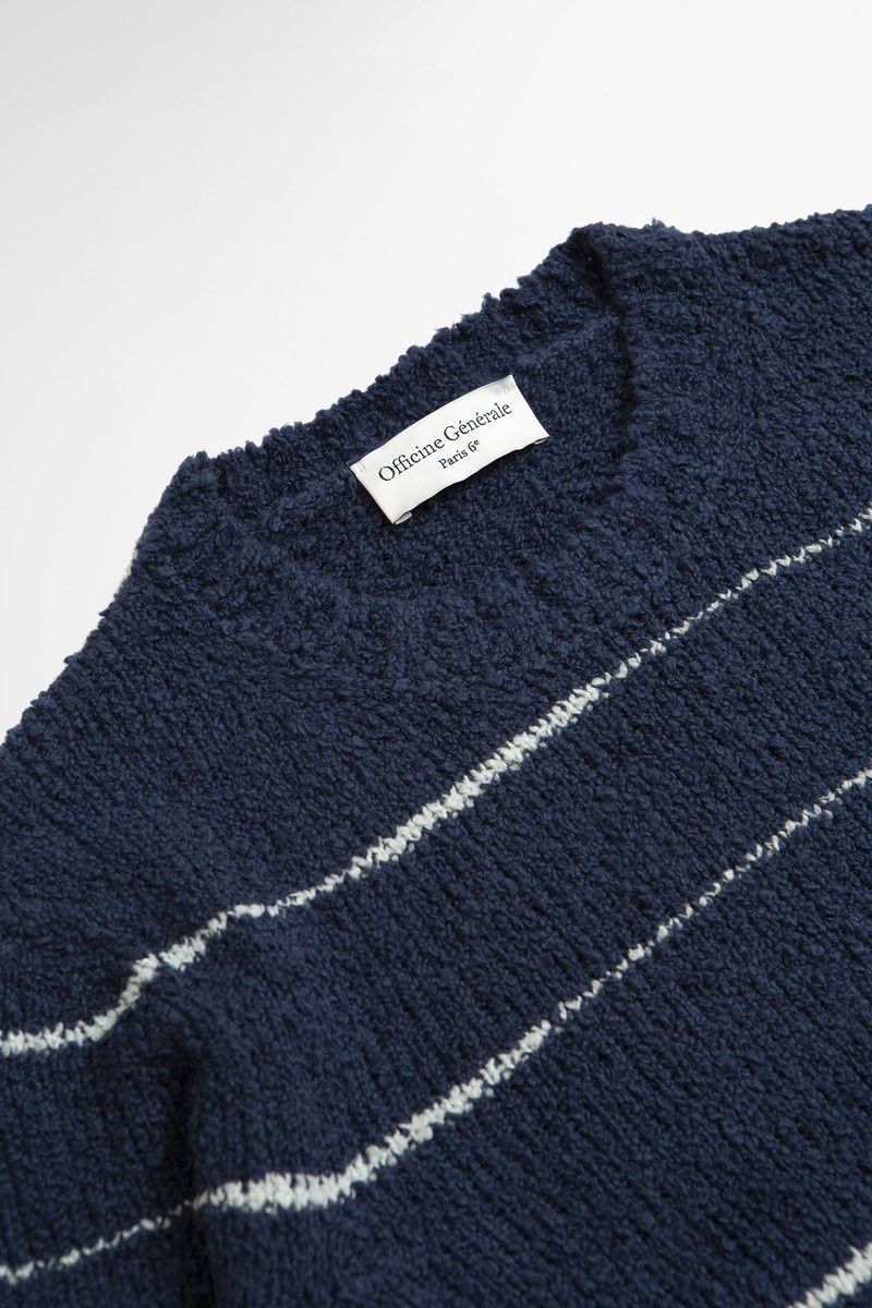 Officine Generale o1mle1025 Marco Irregular Stripe Merino Wool Sweater in Navy Size US M / EU 48-50 / 2 - 2 Thumbnail