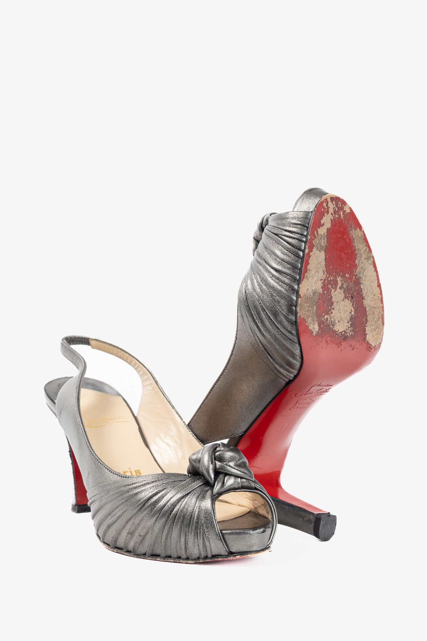 Christian Louboutin Christian Louboutin Metallic Grey Knotted Slingback Sandals Size US 6.5 / IT 36.5 - 4 Thumbnail