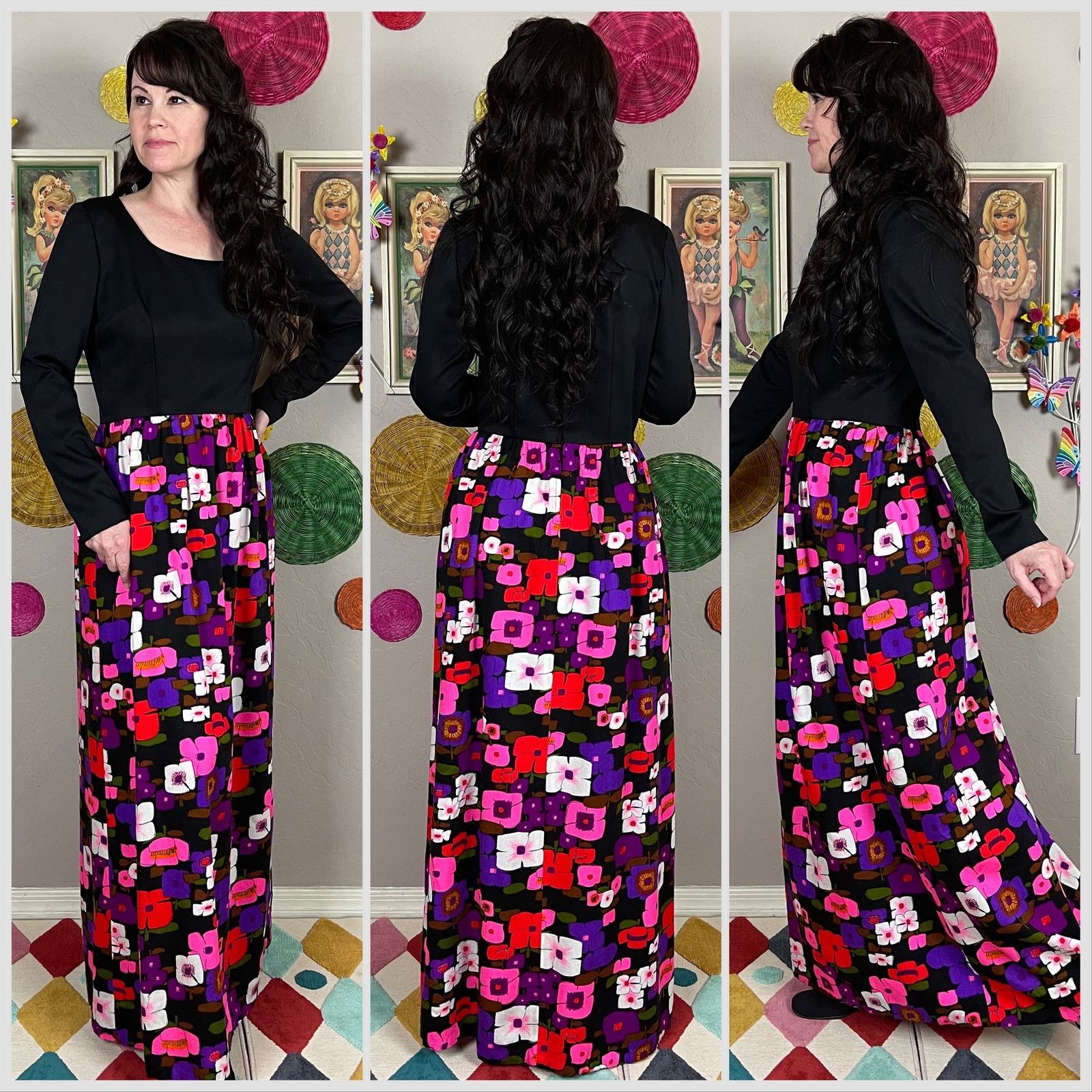 Vintage Vintage 1960s Long Sleeve Pink and Purple Floral Maxi Dress Size M / US 6-8 / IT 42-44 - 2 Thumbnail