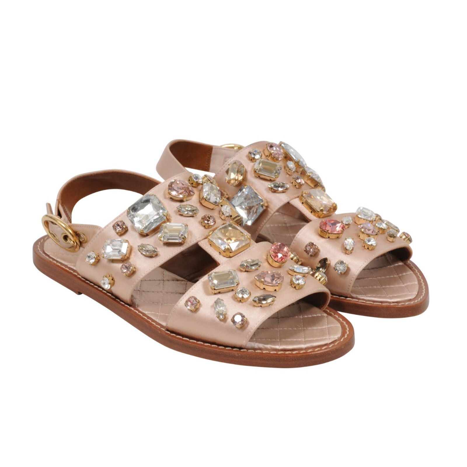 Dolce & Gabbana Sandals Tan Gold Satin Crystal Bejeweled Mule Size US 7 / IT 37 - 9 Thumbnail