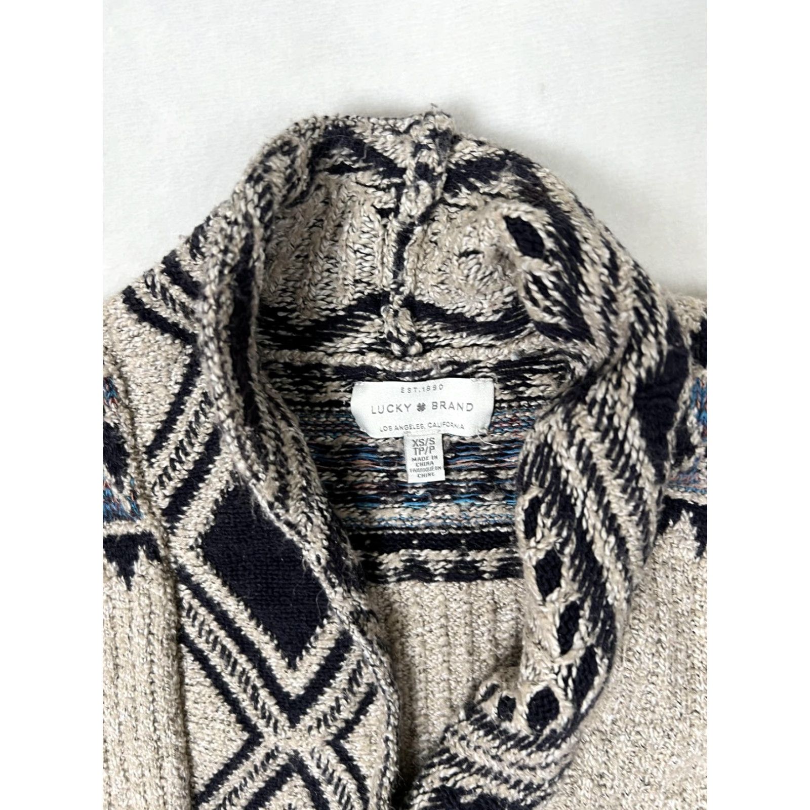 Lucky Brand Lucky Brand Cardigan Sweater Womens XS/S Beige Blue Open Front Aztec Knit - Geometric Open Front Pockets Shawl Collar Long Sleeve Knit Body Size S / US 4 / IT 40 - 2 Thumbnail