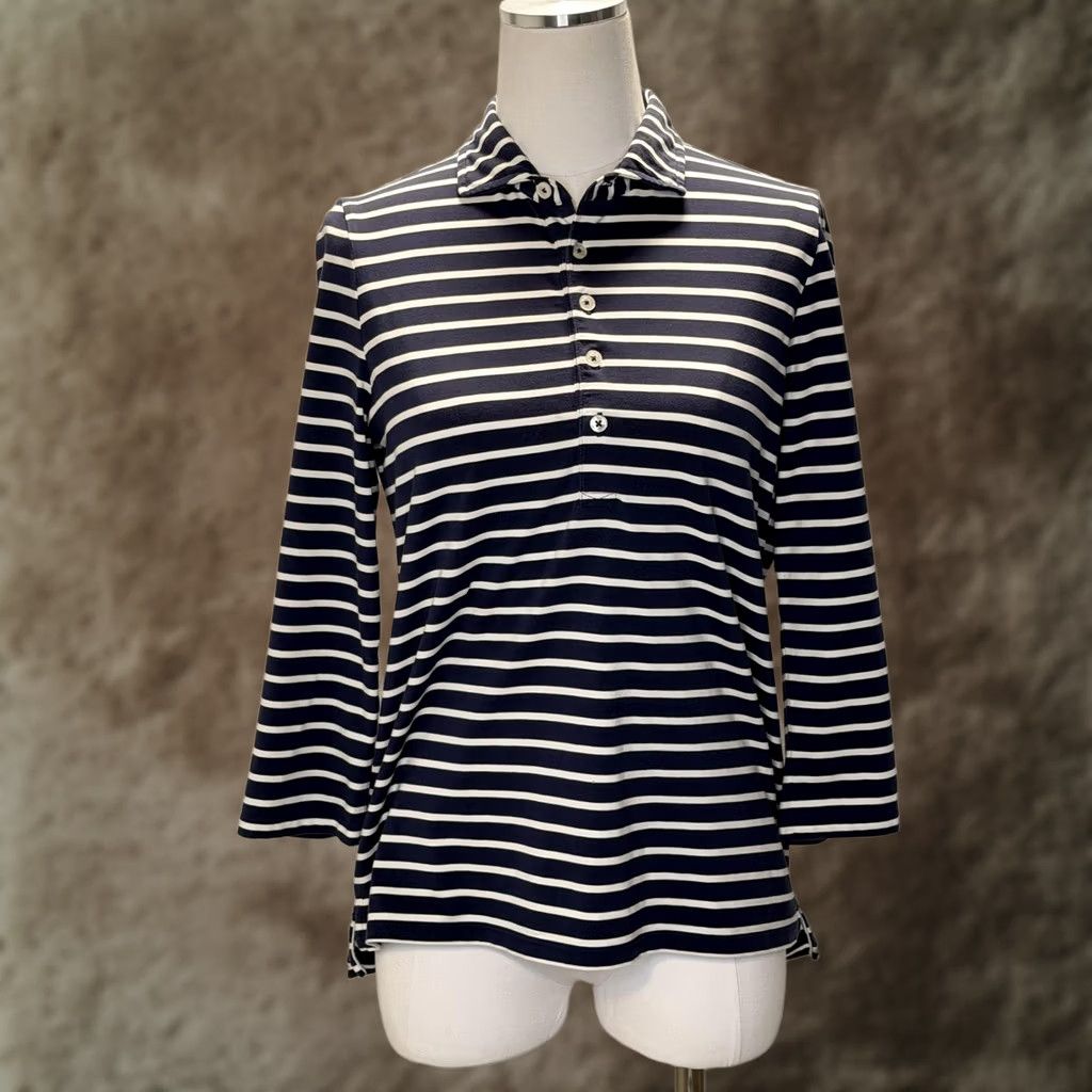 Vintage Renwick Polo Shirt Womens Small Blue White Stripe 3/4 Sleeve Pima Cotton Top Size S / US 4 / IT 40 - 1 Thumbnail