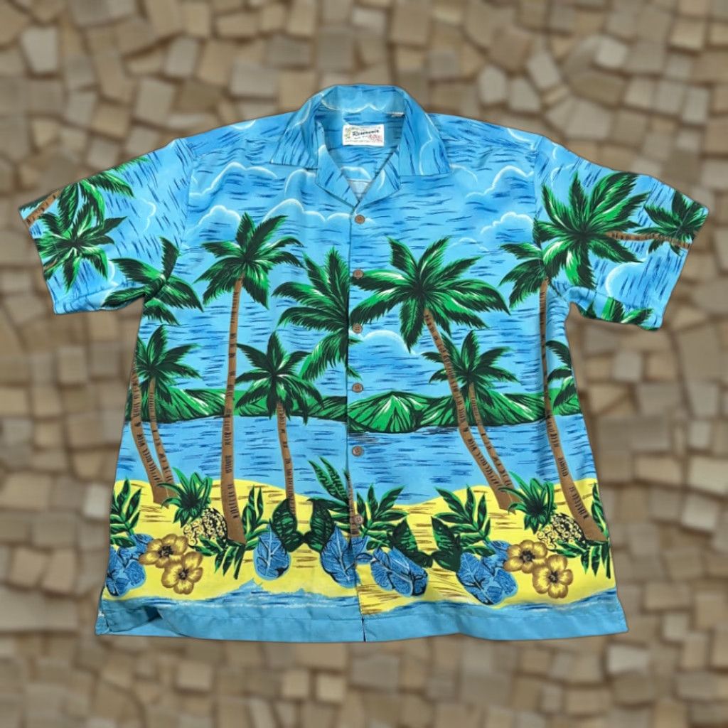 Vintage VINTAGE Reservoir Hawaiian Shirt Adult LARGE Blue Ocean Beach Palms Tropical 80s Button-Up Short Sleeve Mens Size US L / EU 52-54 / 3 - 1 Thumbnail