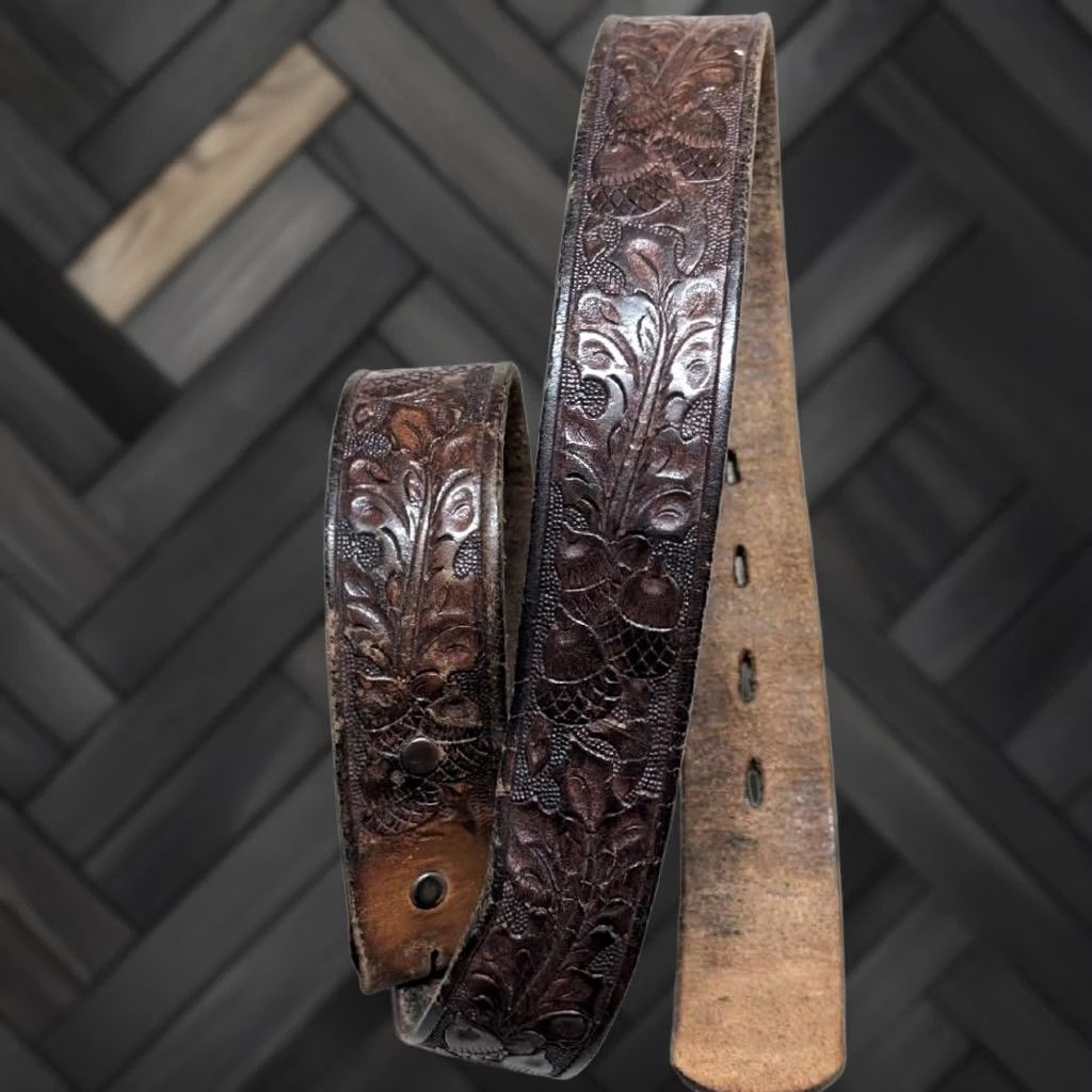 Vintage VINTAGE handcrafted ACORNS belt Tooled western buckle 1-3/8" cowhide leather brown 30 Men Belt Size 30 - 1 Thumbnail