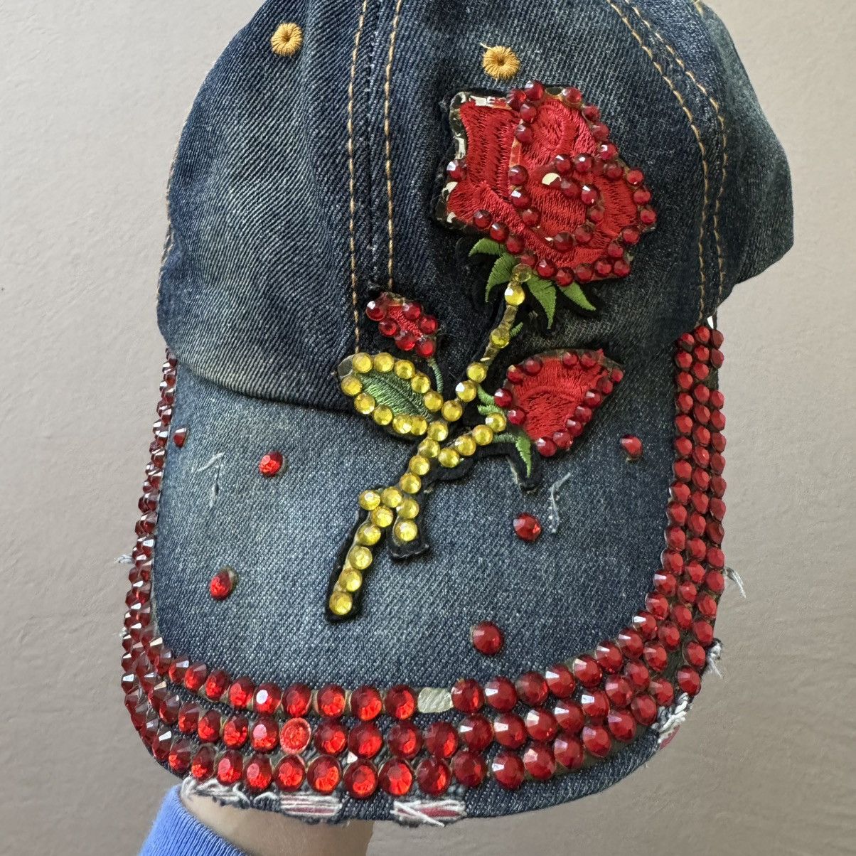 Other Grunge Y2K Bedazzled Distressed Denim Baseball Cap Size ONE SIZE - 3 Thumbnail