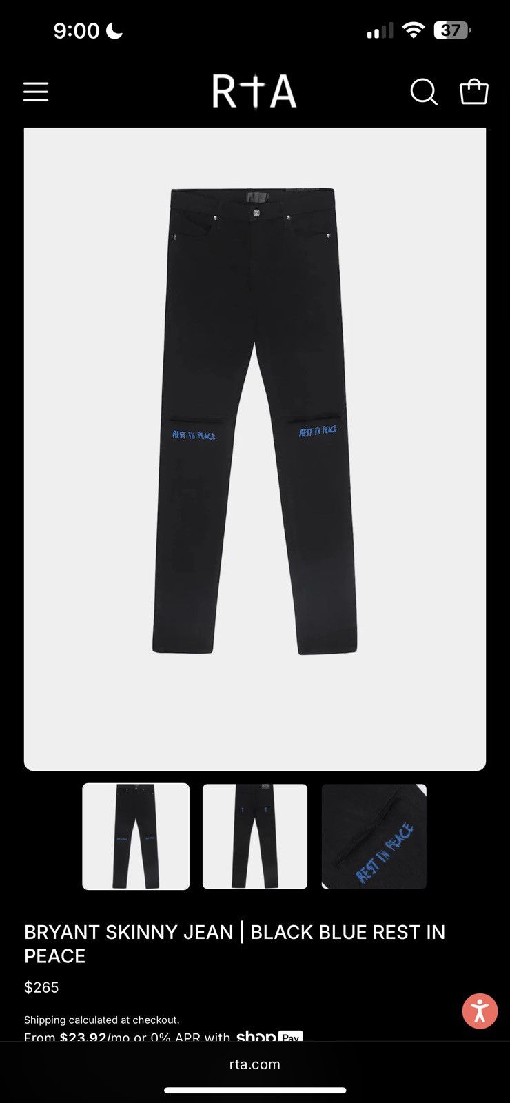 Rta Bryant Skinny Jean | Black Blue Rest In Peace Size US 33 - 7 Thumbnail