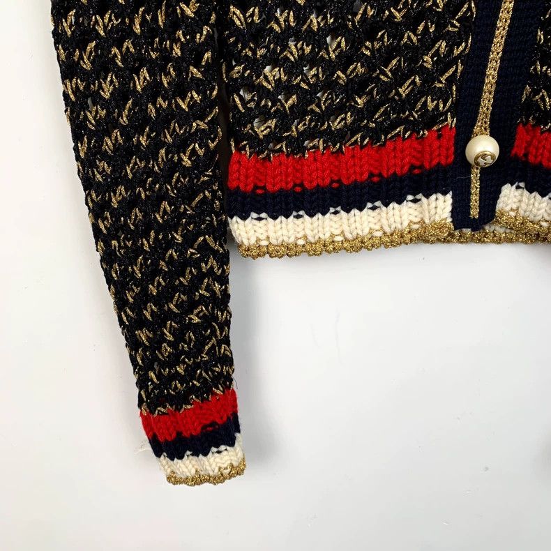 Gucci Gucci Color-blocking pearl buckle striped knitted cardigan Size US M / EU 48-50 / 2 - 4 Thumbnail
