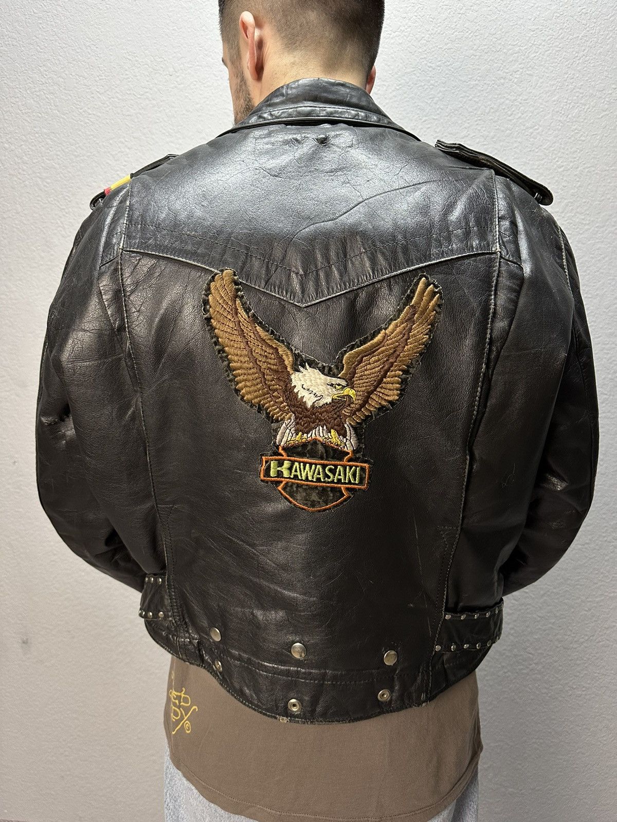 Vintage Kawasaki Leather Jacket Bomber Distressed 80's Rare