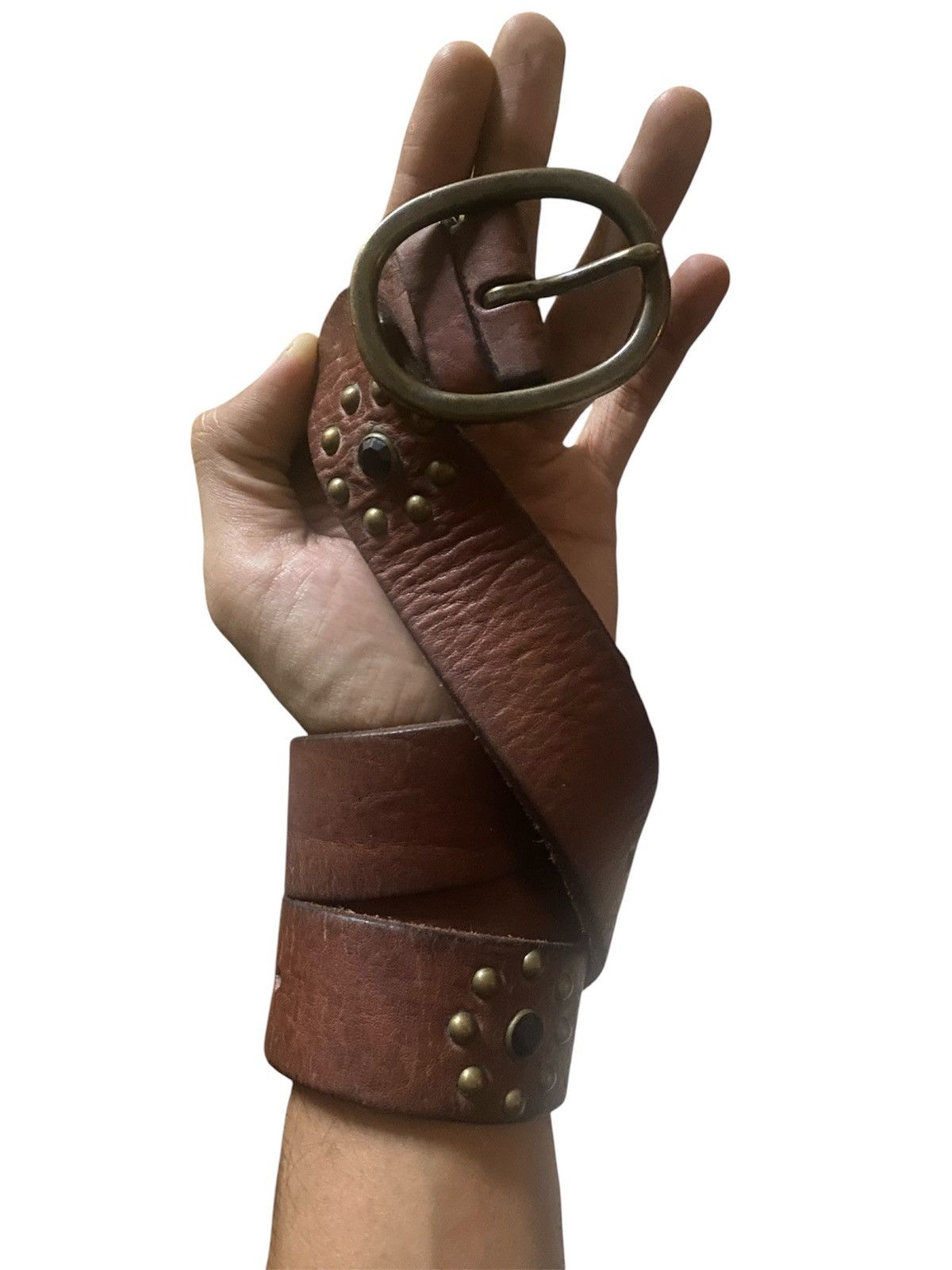 Genuine Leather Brown Leather Belt with Studs Size ONE SIZE - 1 Thumbnail
