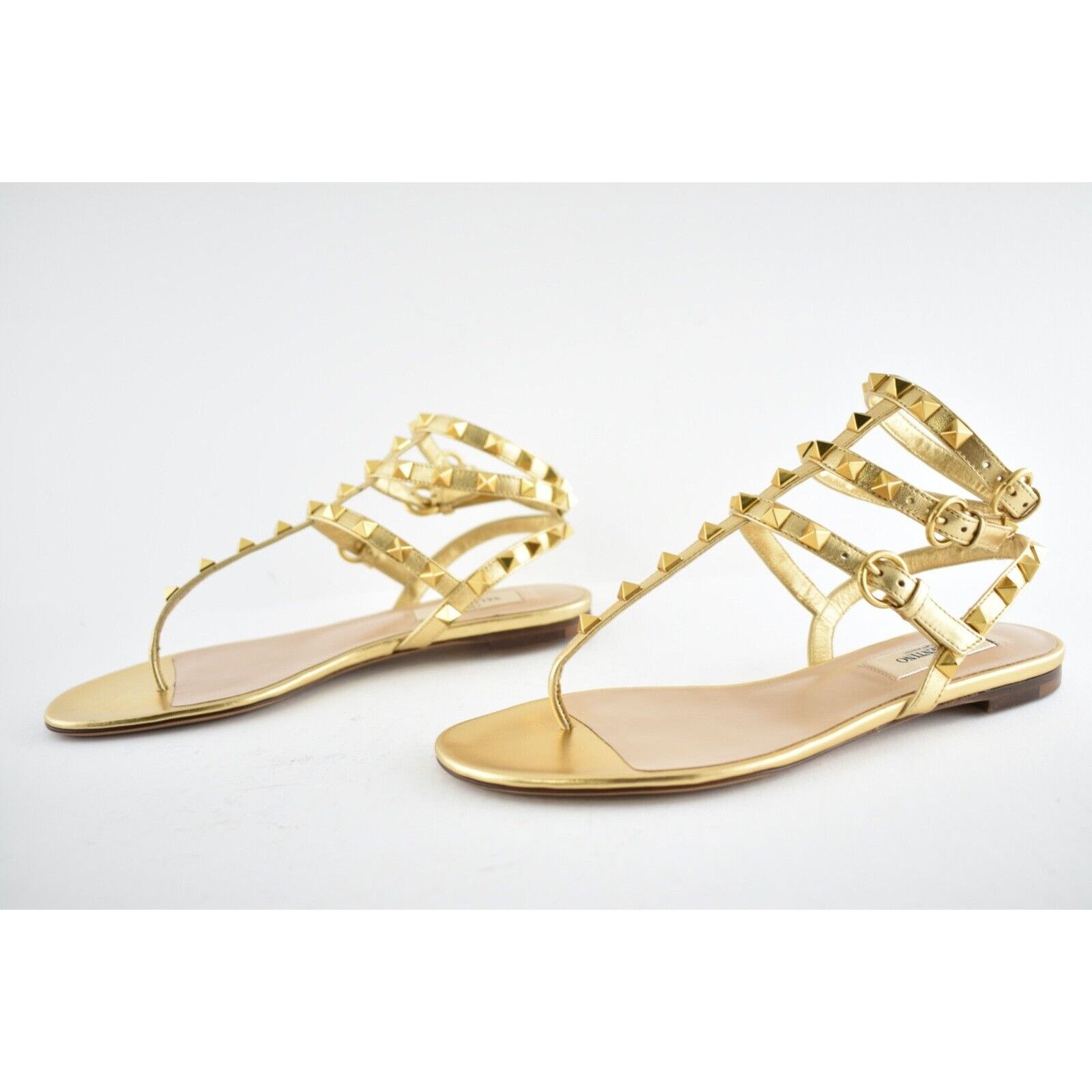 Valentino Valentino Rockstud KM5 Gold Leather Triple Ankle Strap Size US 6 / IT 36 - 8 Thumbnail